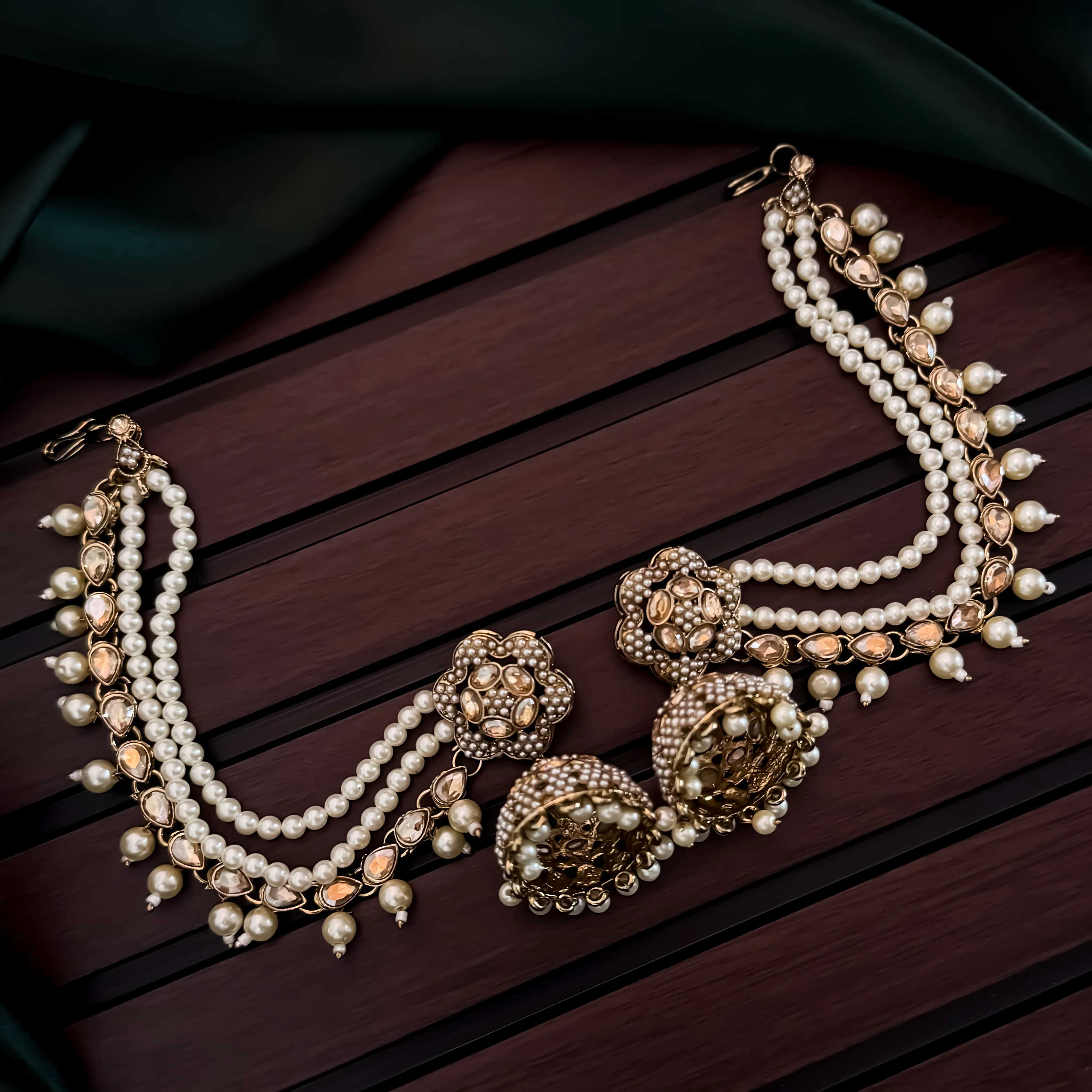 Manika Jadau Jhumka Earrings with Sahara/Earchains - Golden - Image 5