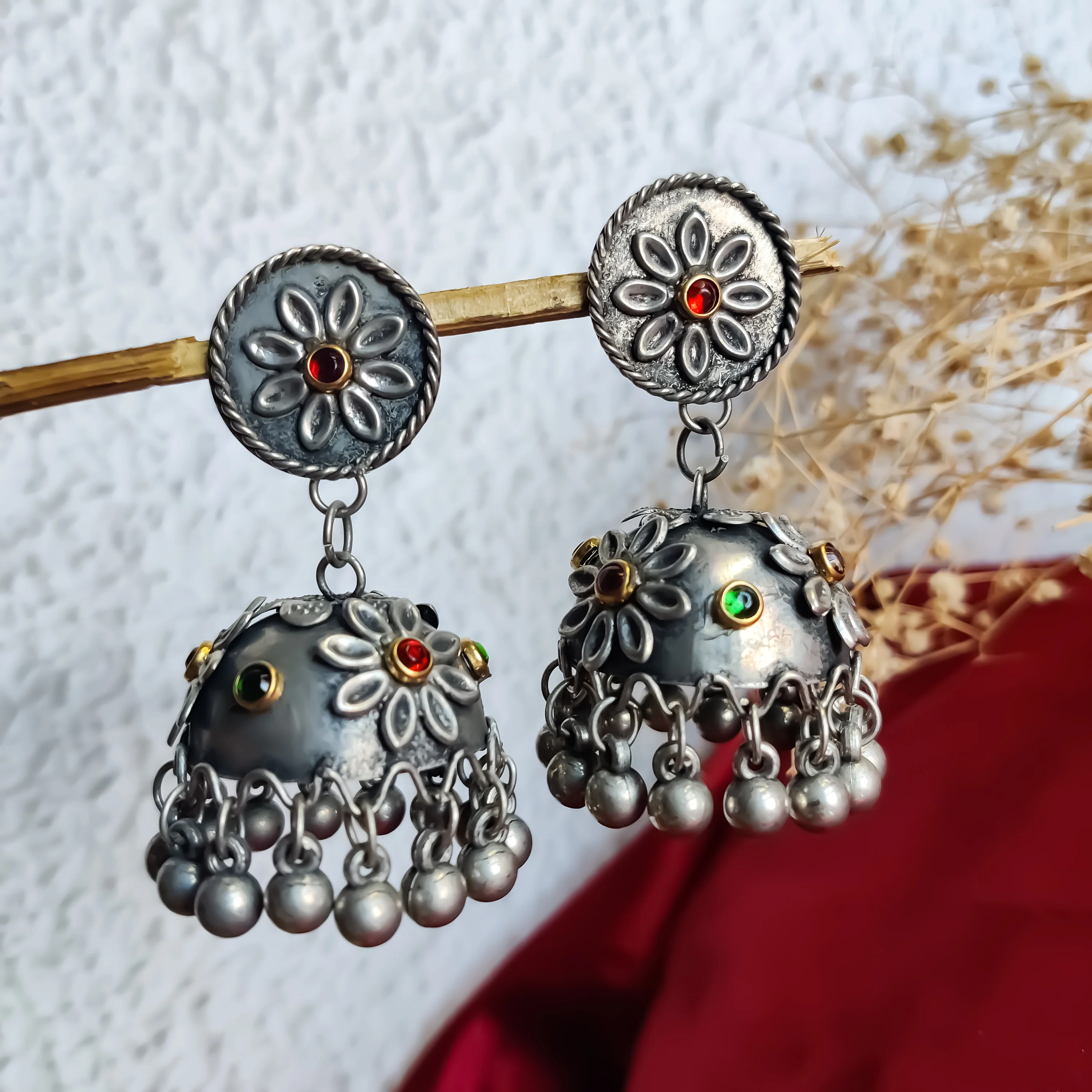 Manmeet Floral Vintage Polish Jhumka Earrings - Multi - Image 2