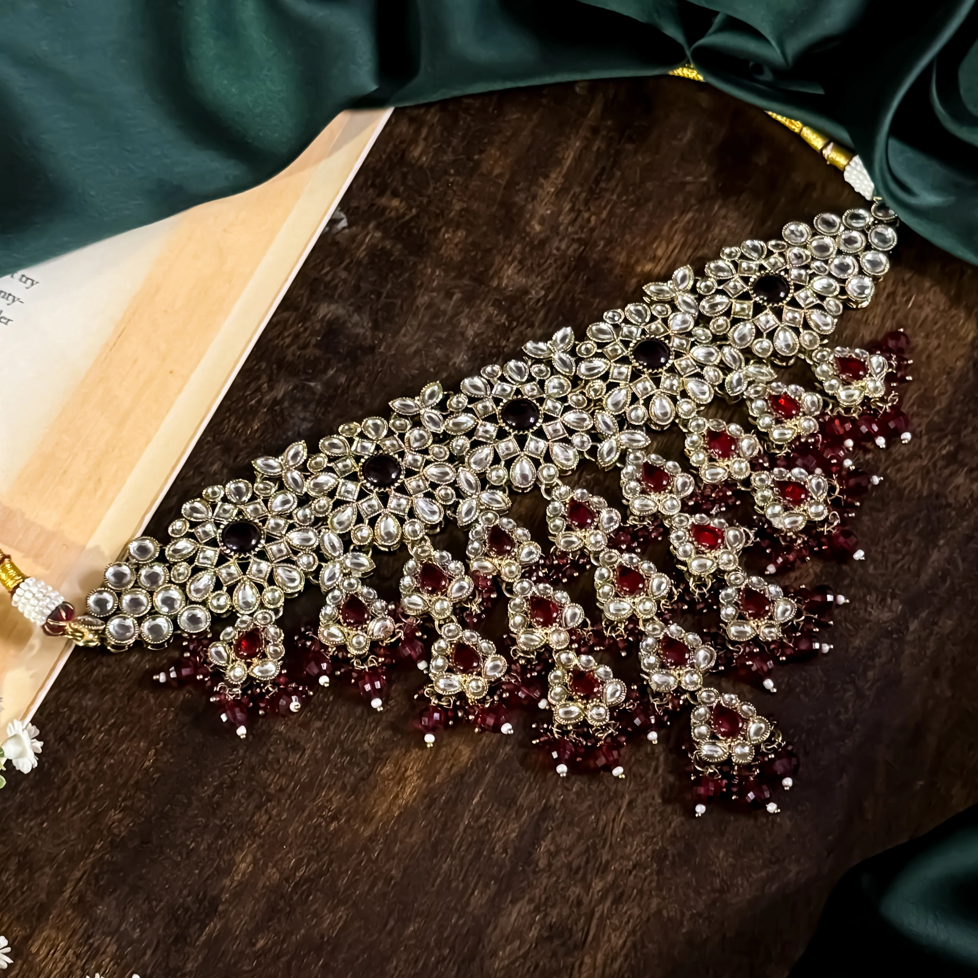 Shabana Premium Kundan Pearl Choker Necklace Set - Maroon - Image 3
