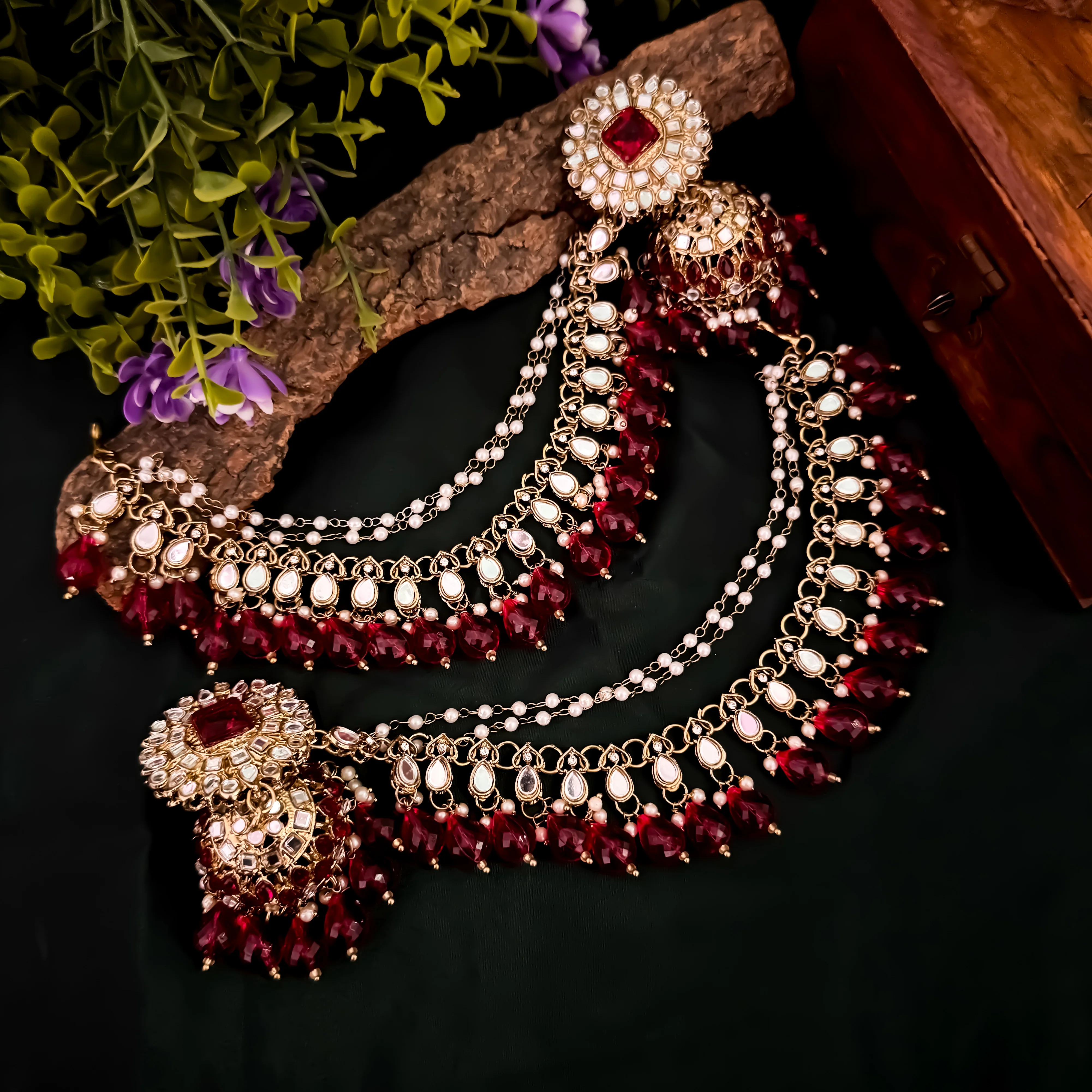 Masaba Mirror Jhumka Earrings with Sahara & Tika Set - Magenta Pink - Image 2