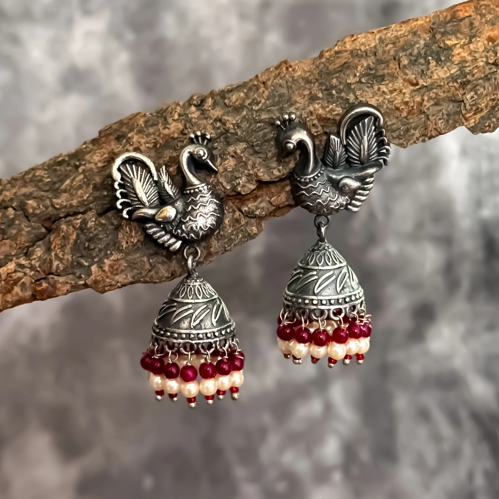 Mayuri Sla Jhumka - Red - Image 2