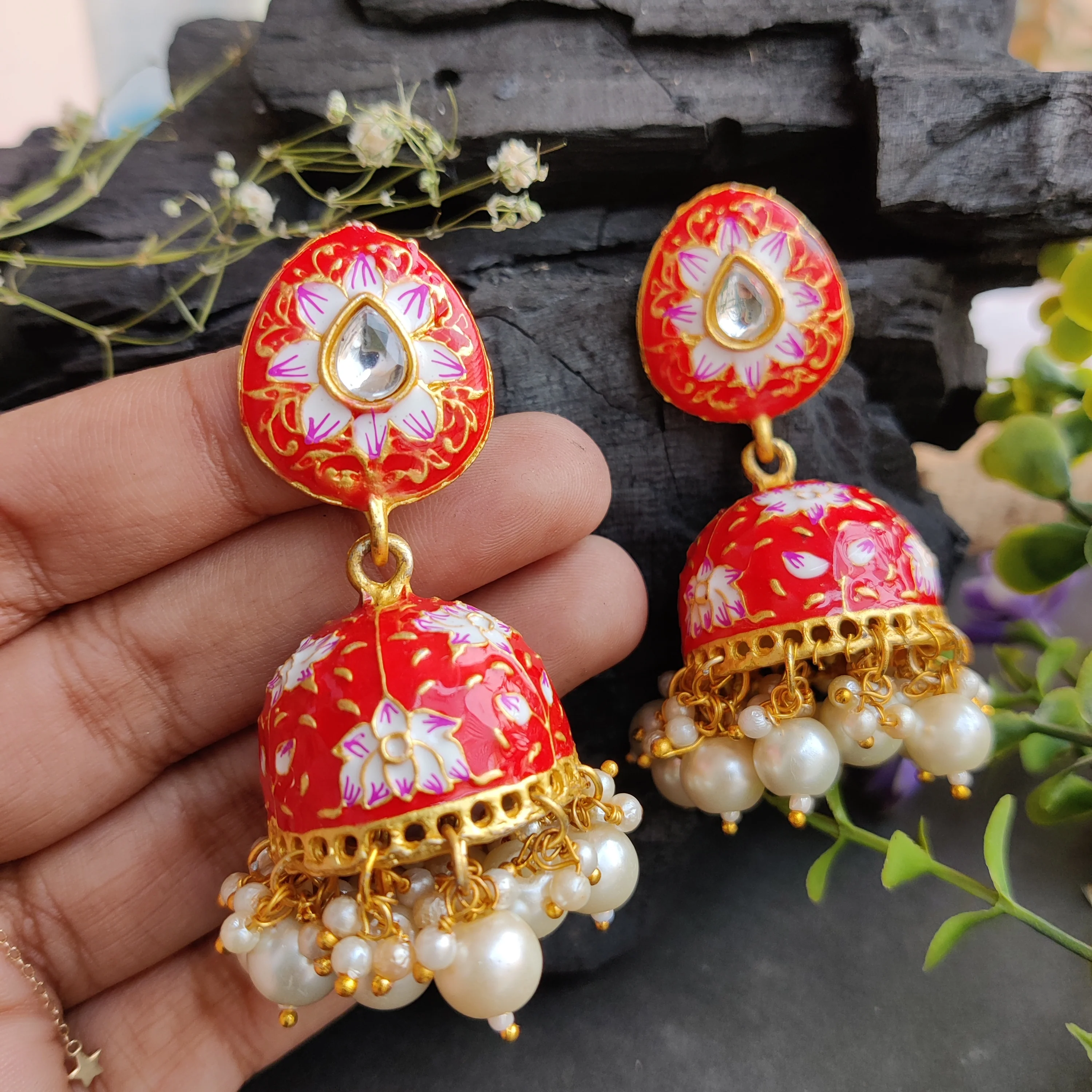 Meenakari Kundan Stud Jhumka Earrings - Image 7