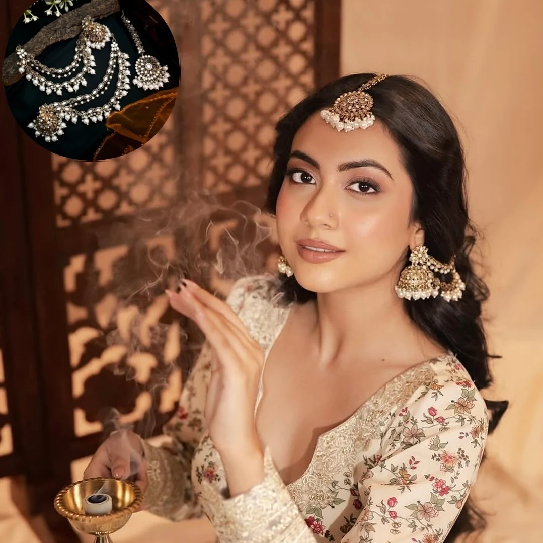 Mehek Mirror Jhumka Earrings with Sahara & Teeka - Golden - Image 2