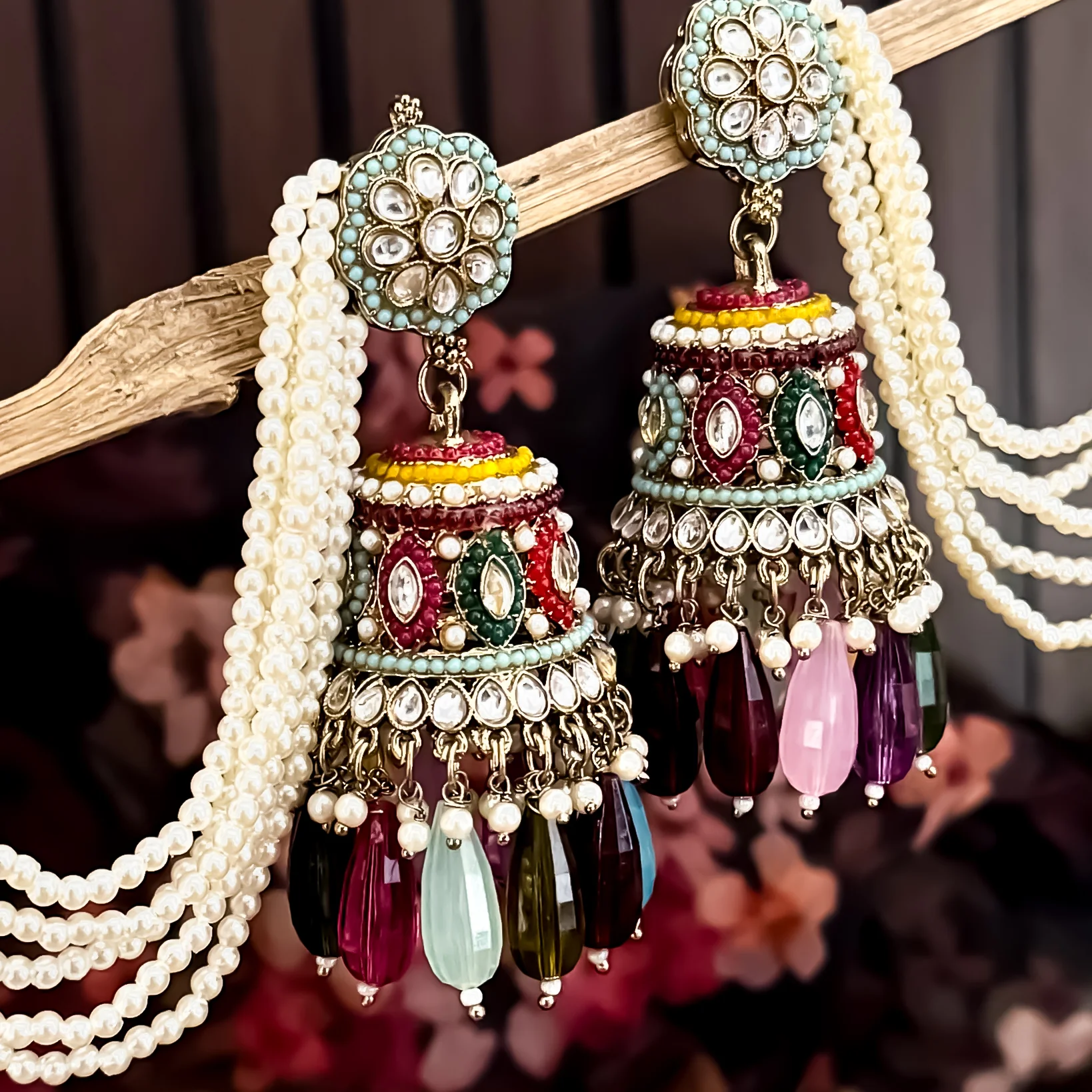 Meher Jadau Reverse AD Jhumka Earrings with Earchain - Multi - Image 5