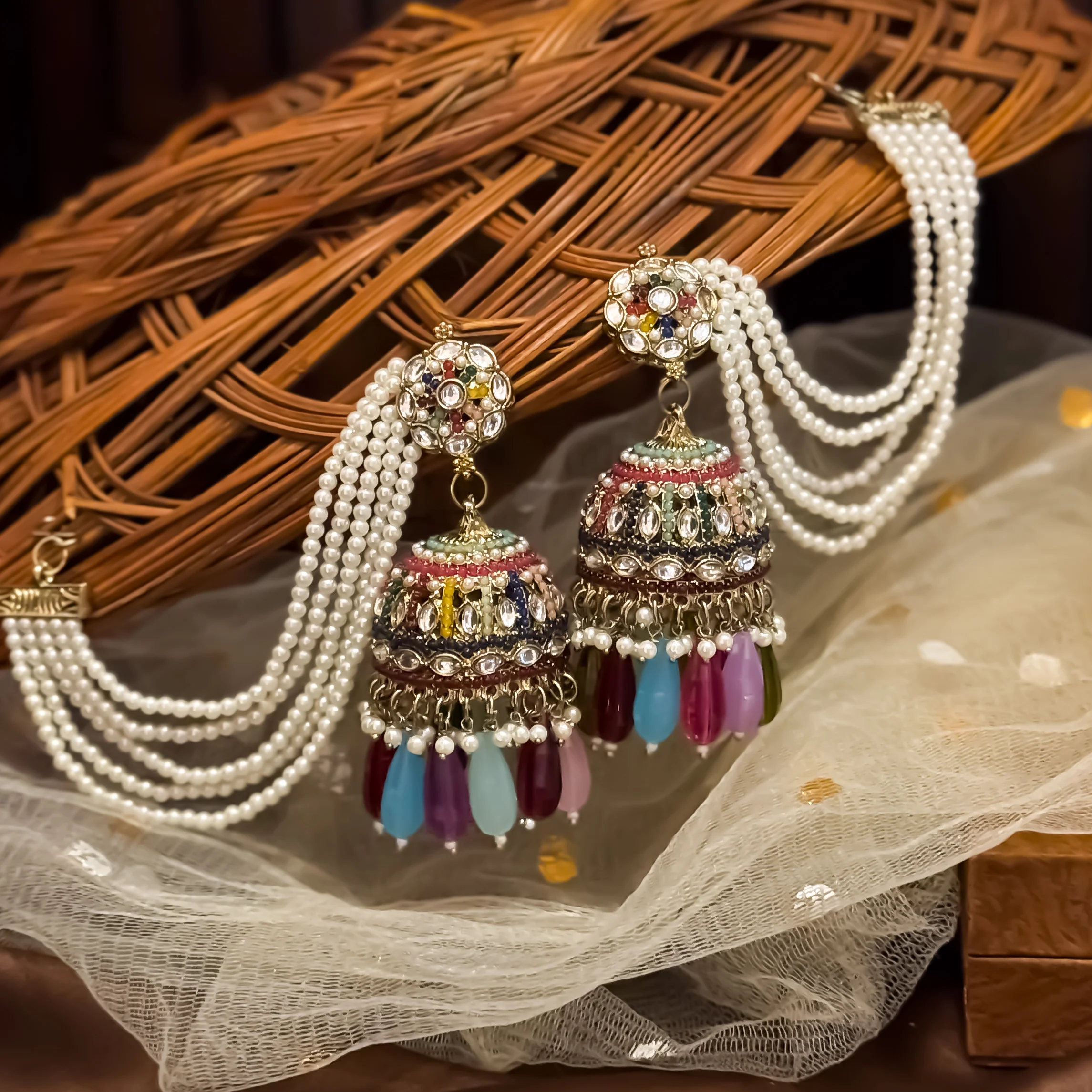 Mehvish Jadau Reverse AD Jhumka Earrings with Earchain - Multi - Image 2