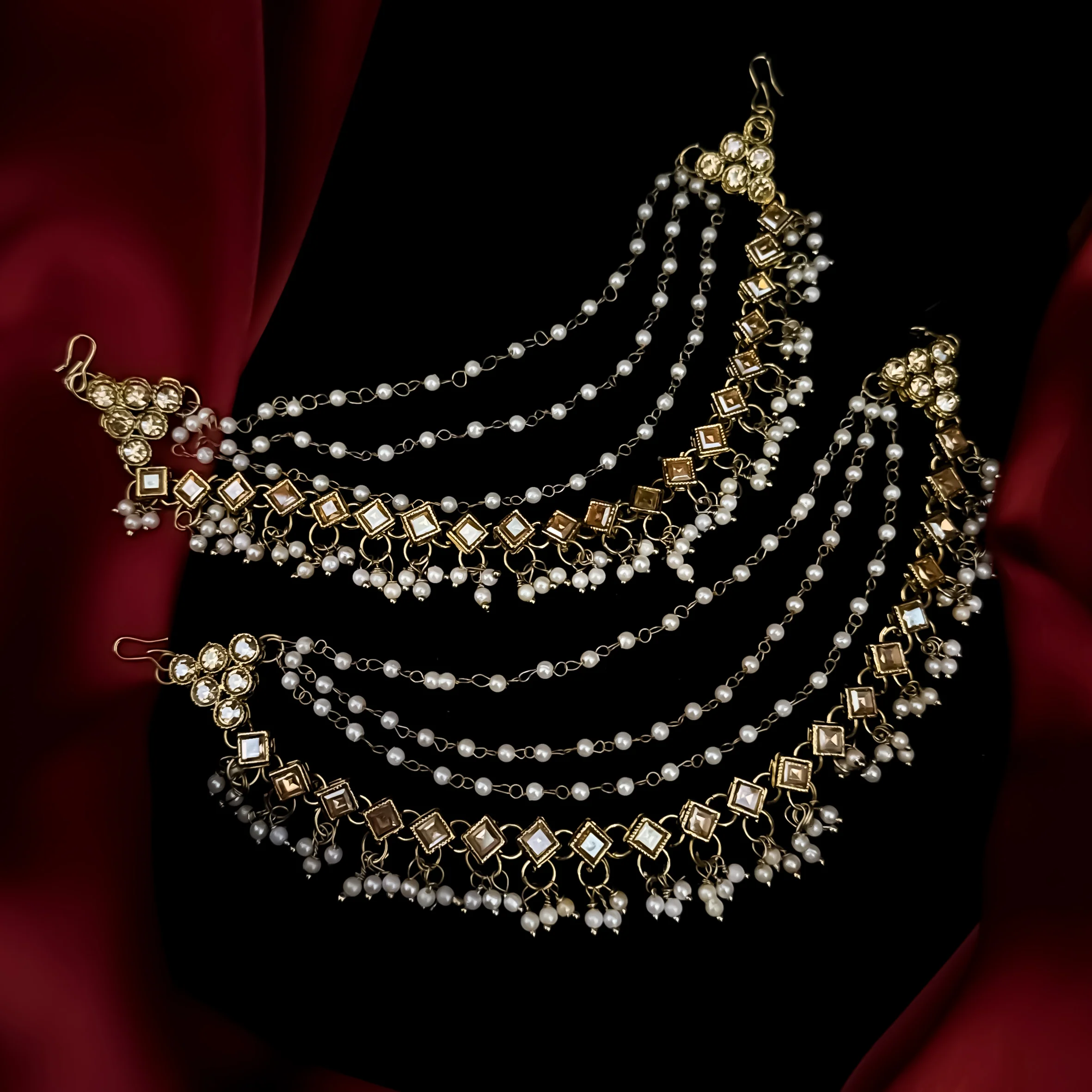 Miraya Bahubali Reverse Ad 4 Layer Mirror Detachable Earrchains/Sahara - Golden - Image 3