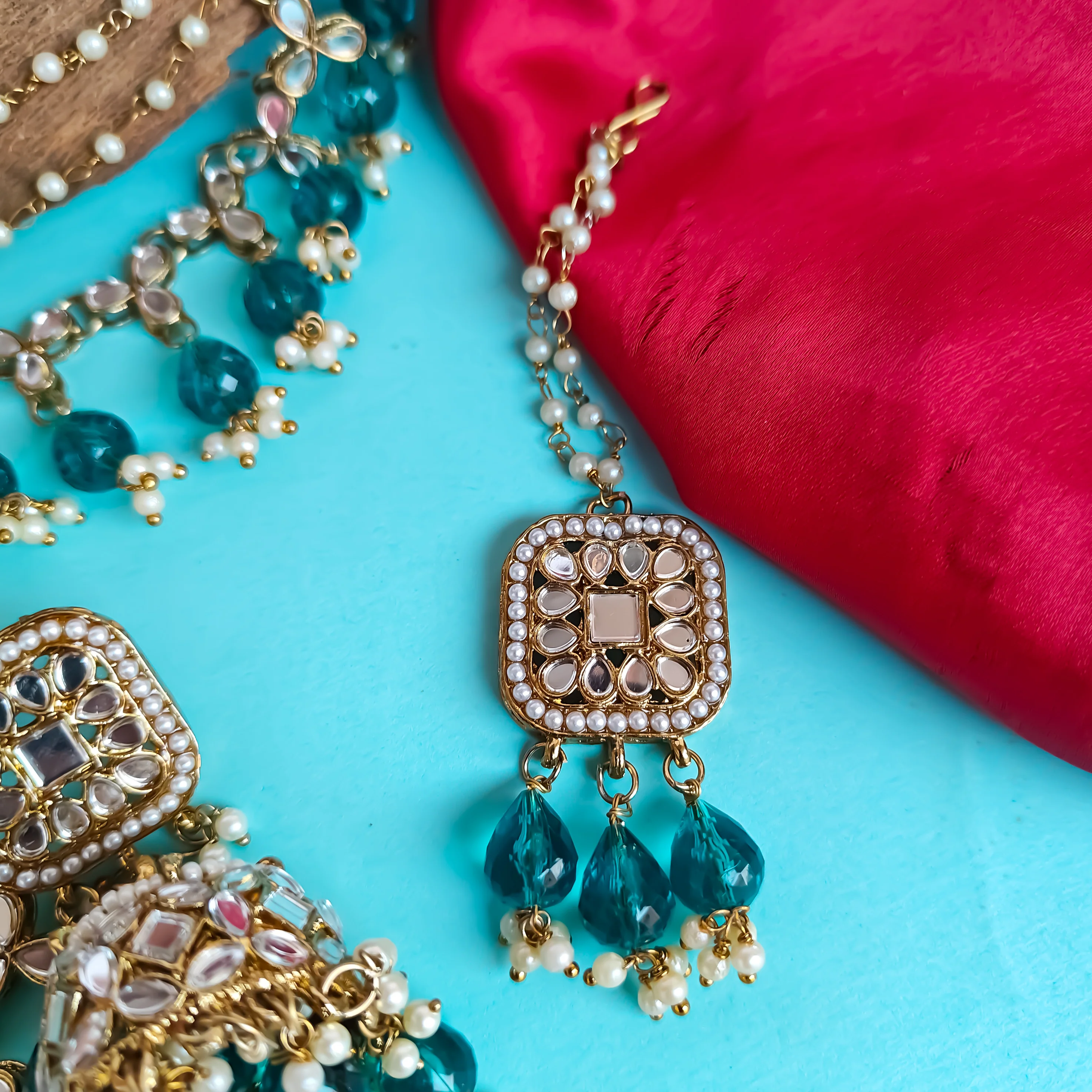 Mohika Mirror Jhumka Earrings with Sahara & Tika Set - Peacock Blue - Image 3