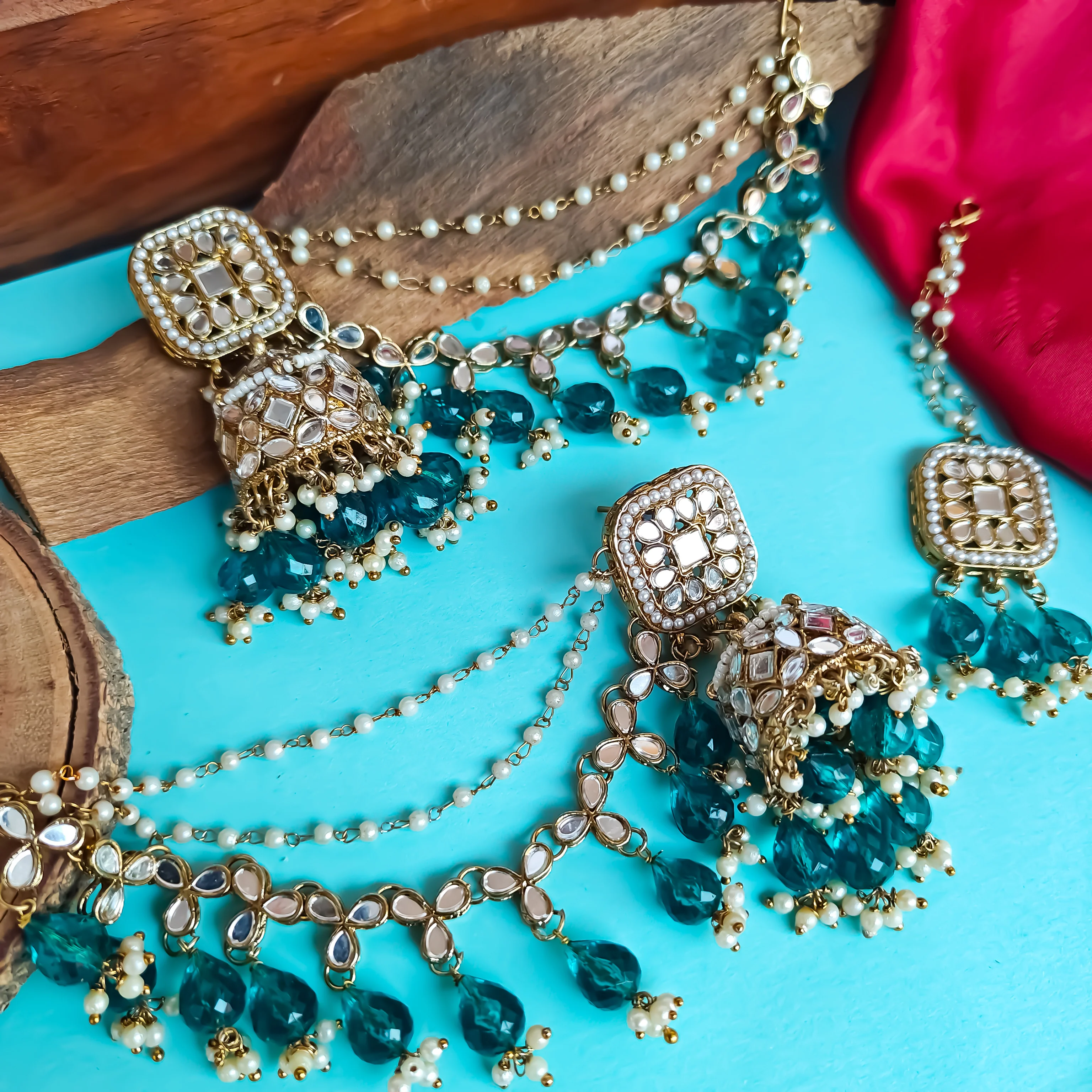 Mohika Mirror Jhumka Earrings with Sahara & Tika Set - Peacock Blue - Image 4