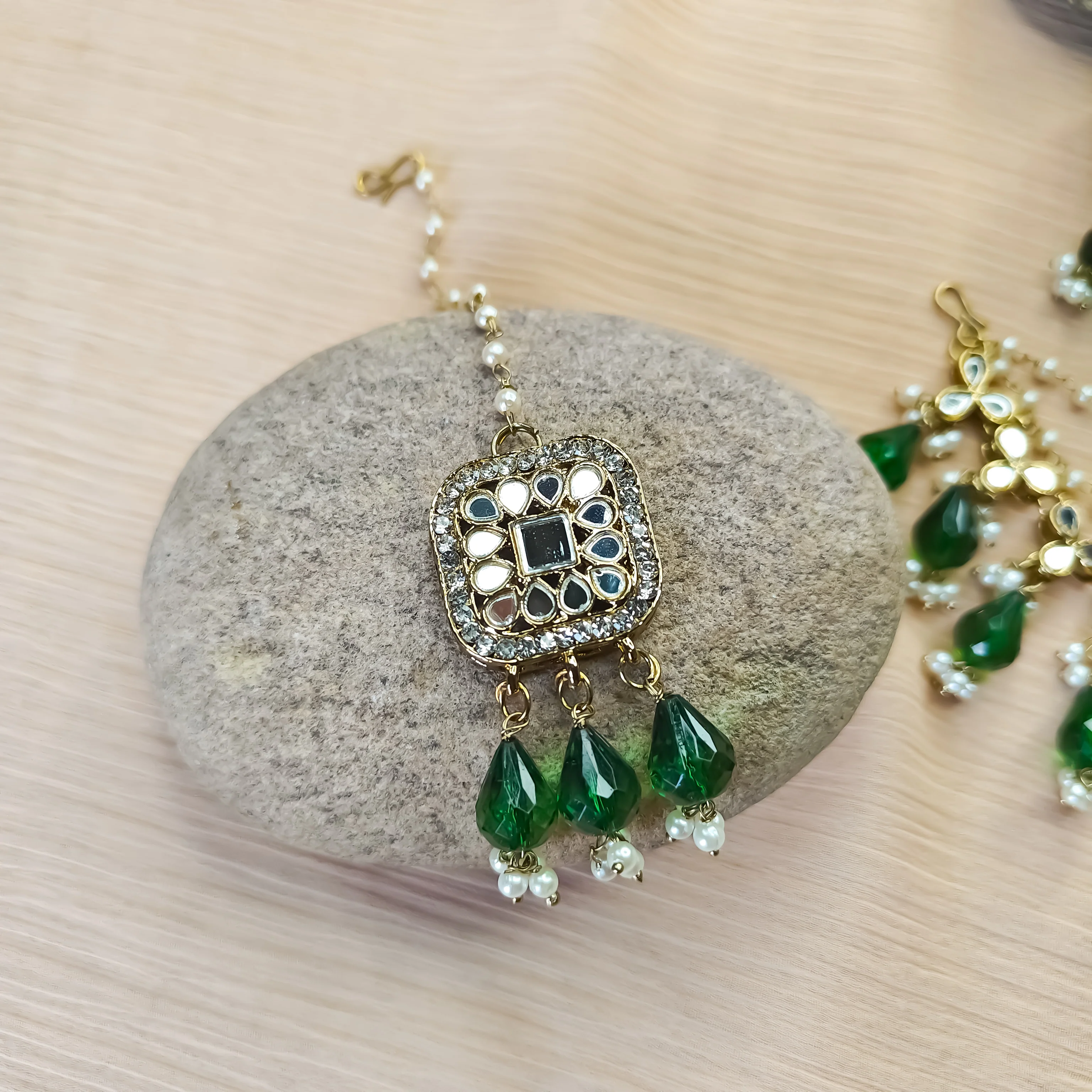 Mohika Mirror Jhumka Earrings with Sahara & Tika Set - Green - Image 3