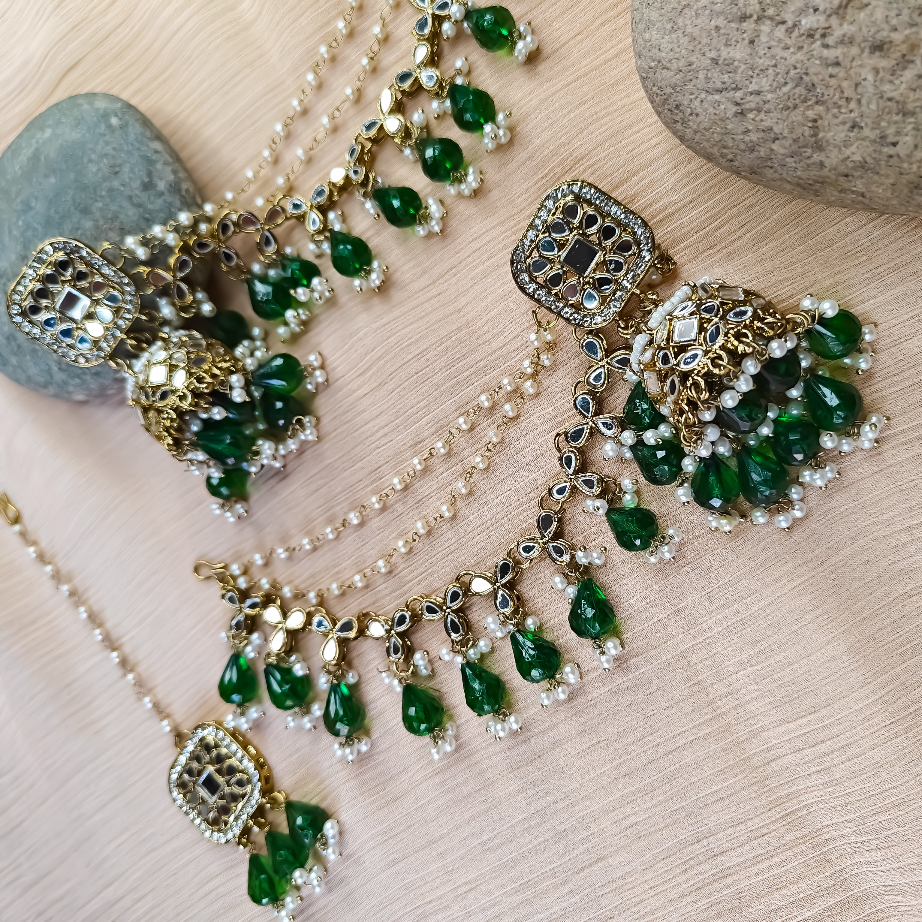 Mohika Mirror Jhumka Earrings with Sahara & Tika Set - Green - Image 4