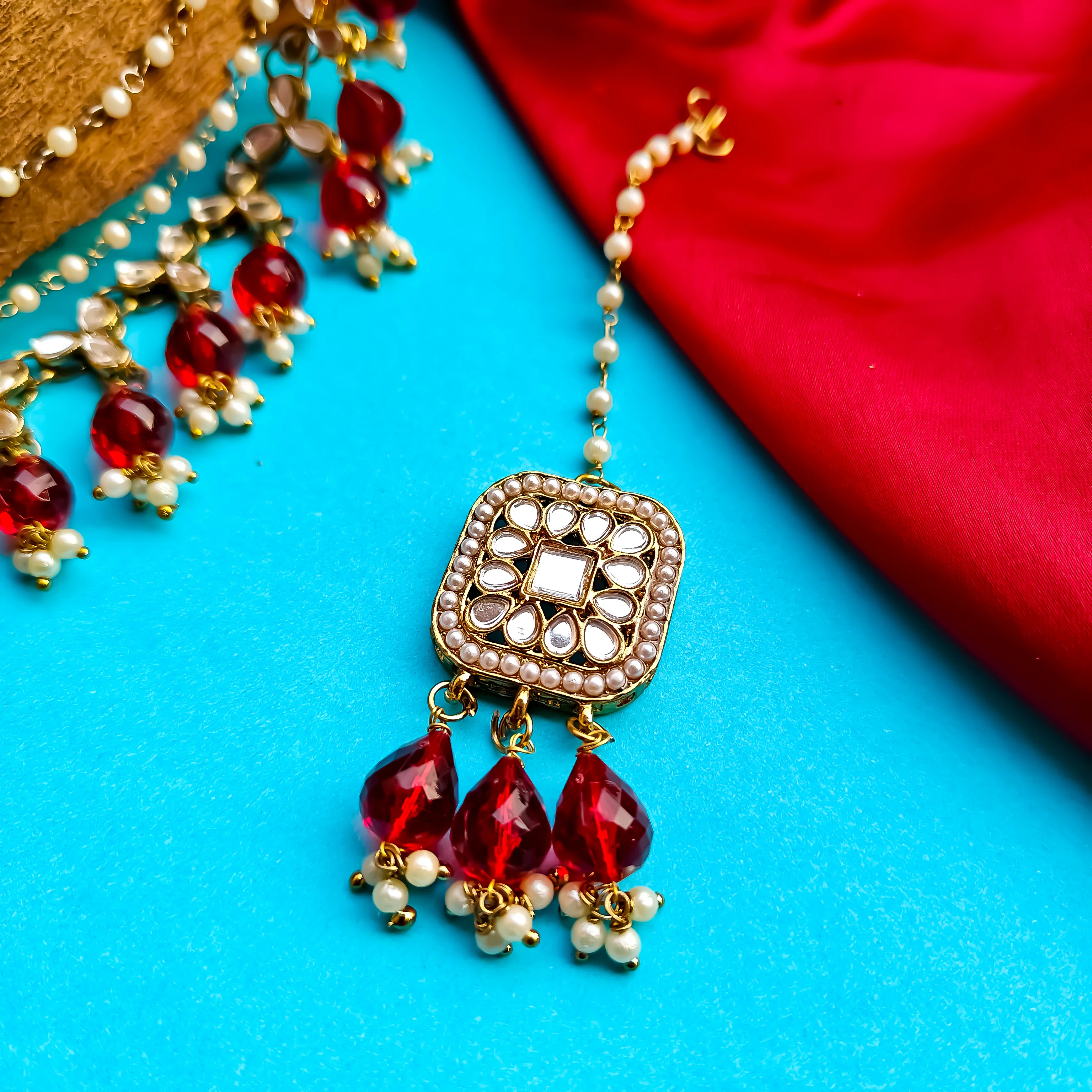 Mohika Mirror Jhumka Earrings with Sahara & Tika Set - Maroon - Image 3