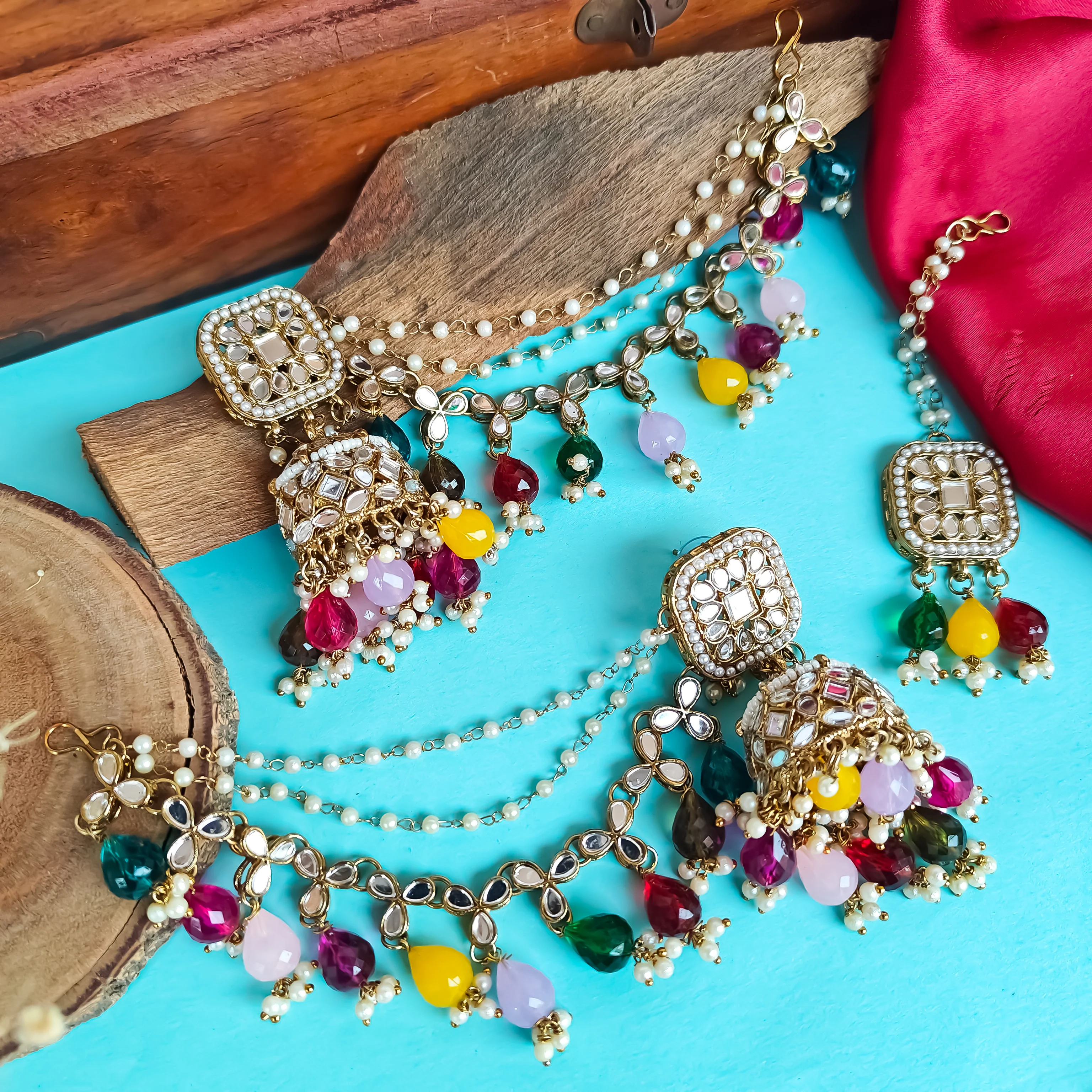 Mohika Mirror Jhumka Earrings with Sahara & Tika Set - Multi - Image 4