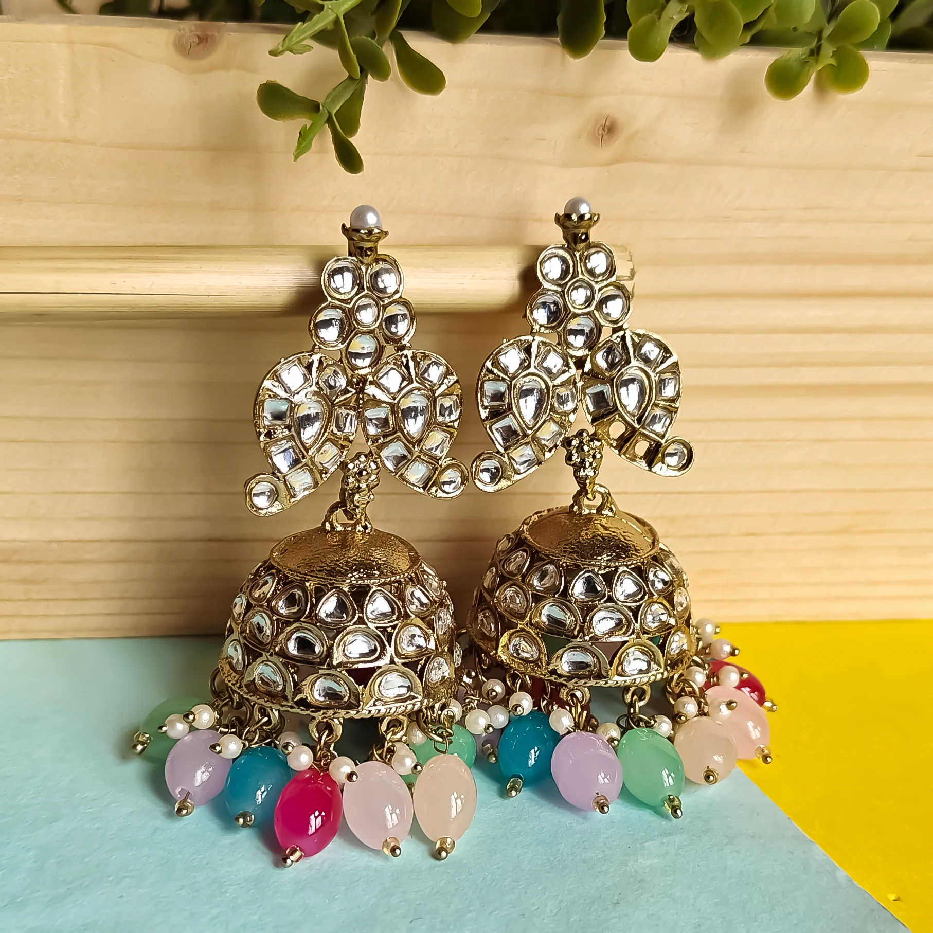 Naaz Dabi Kundan Jhumka Earring - Multi - Image 3