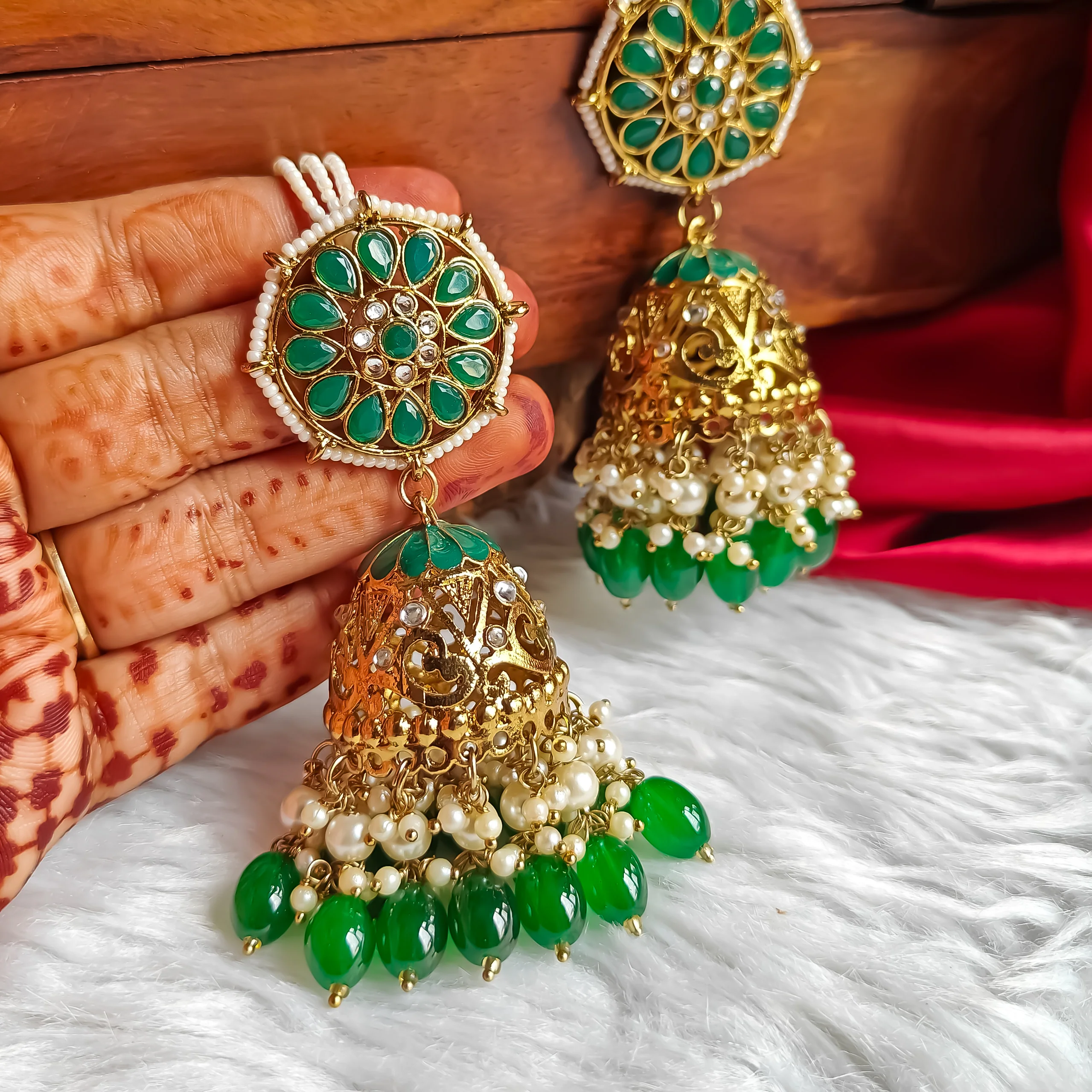 Nalini Cutwork Jhumka Earrings with Sahara- Green - Image 2