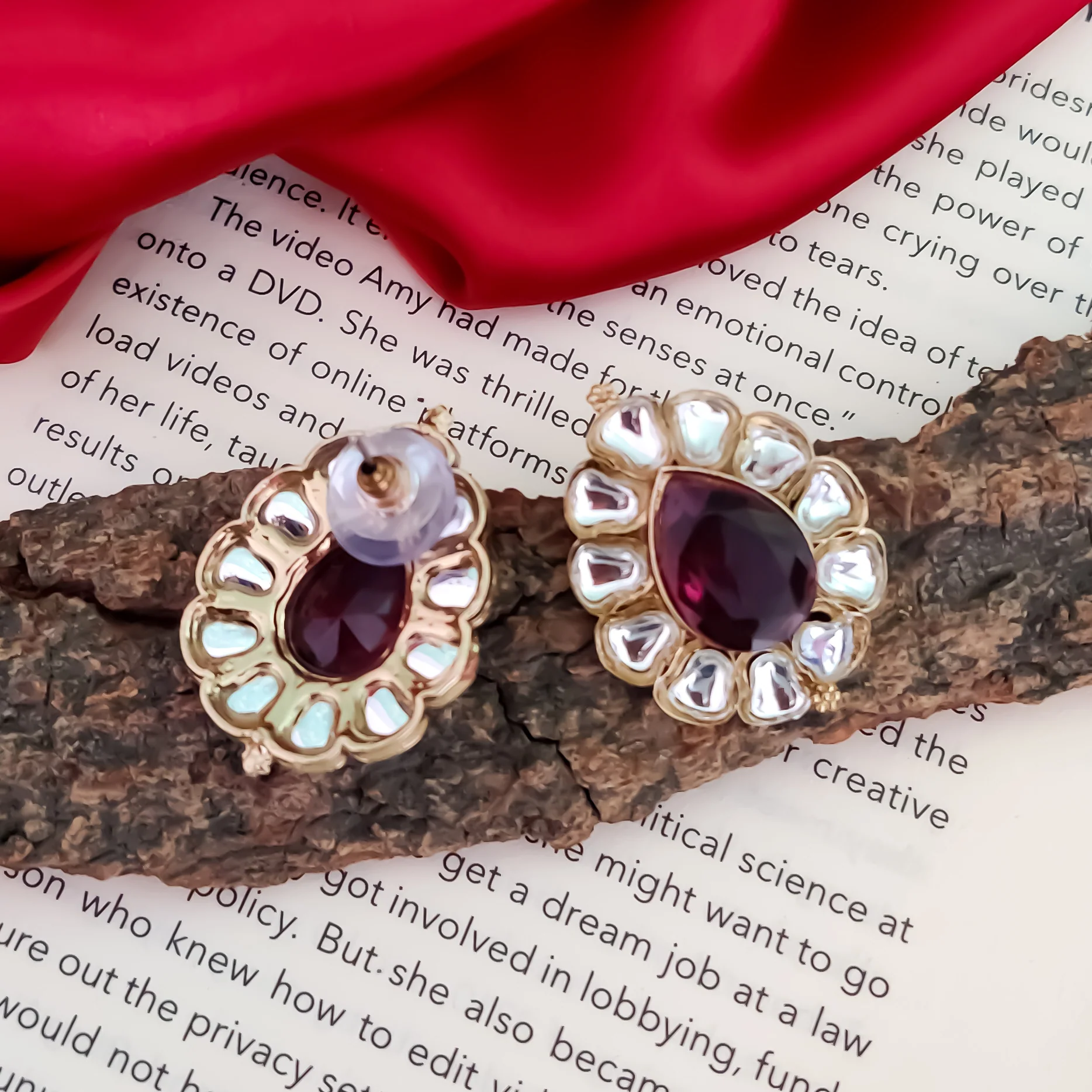 Nibedita Kundan Stud Earring - Wine - Image 4