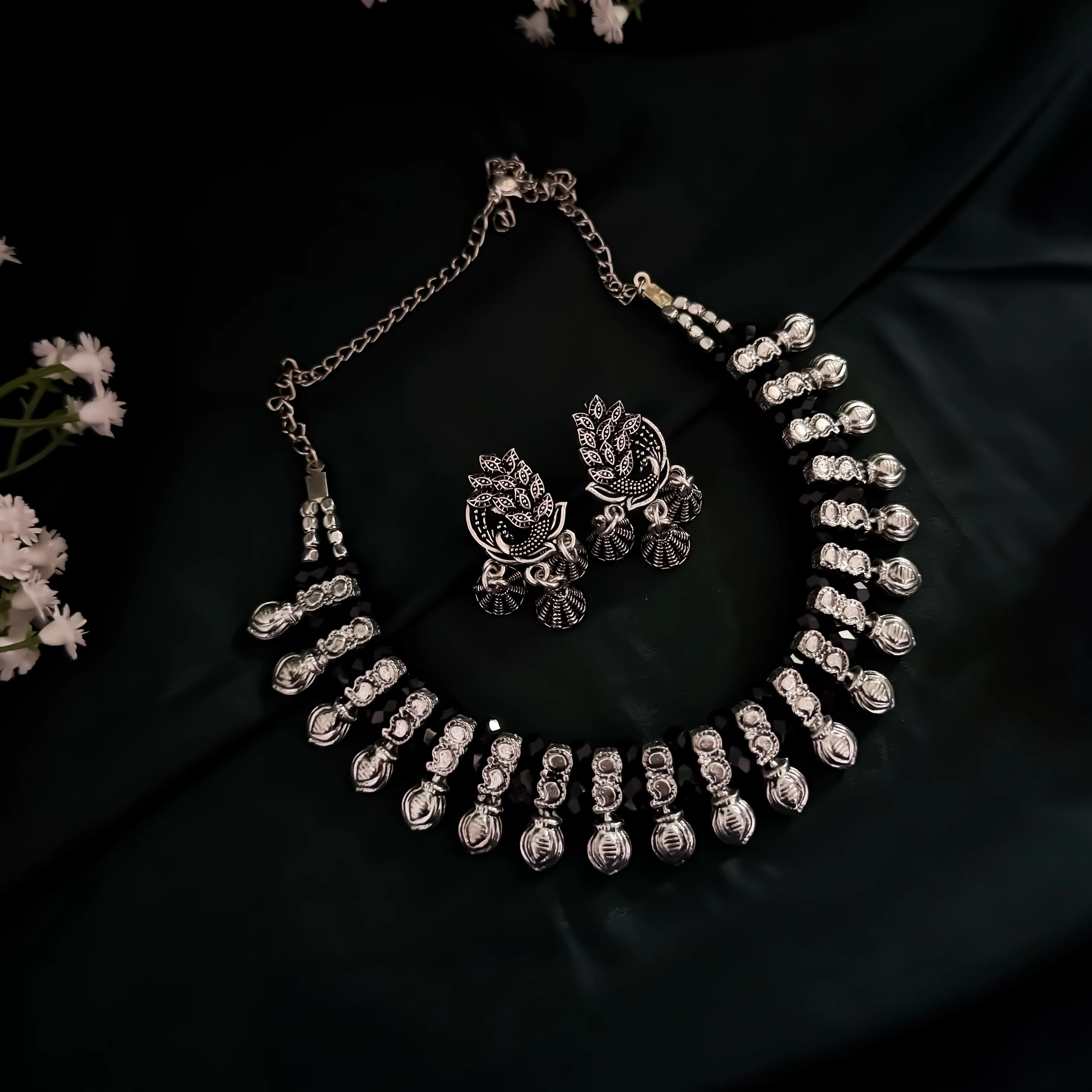 Nikan German Silver Oxidised Necklace Set - Silver - Image 4