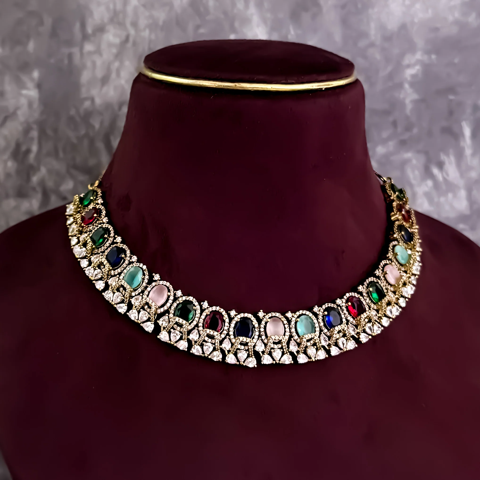 Nisa Navratan AD Necklace Set - Multi - Image 3