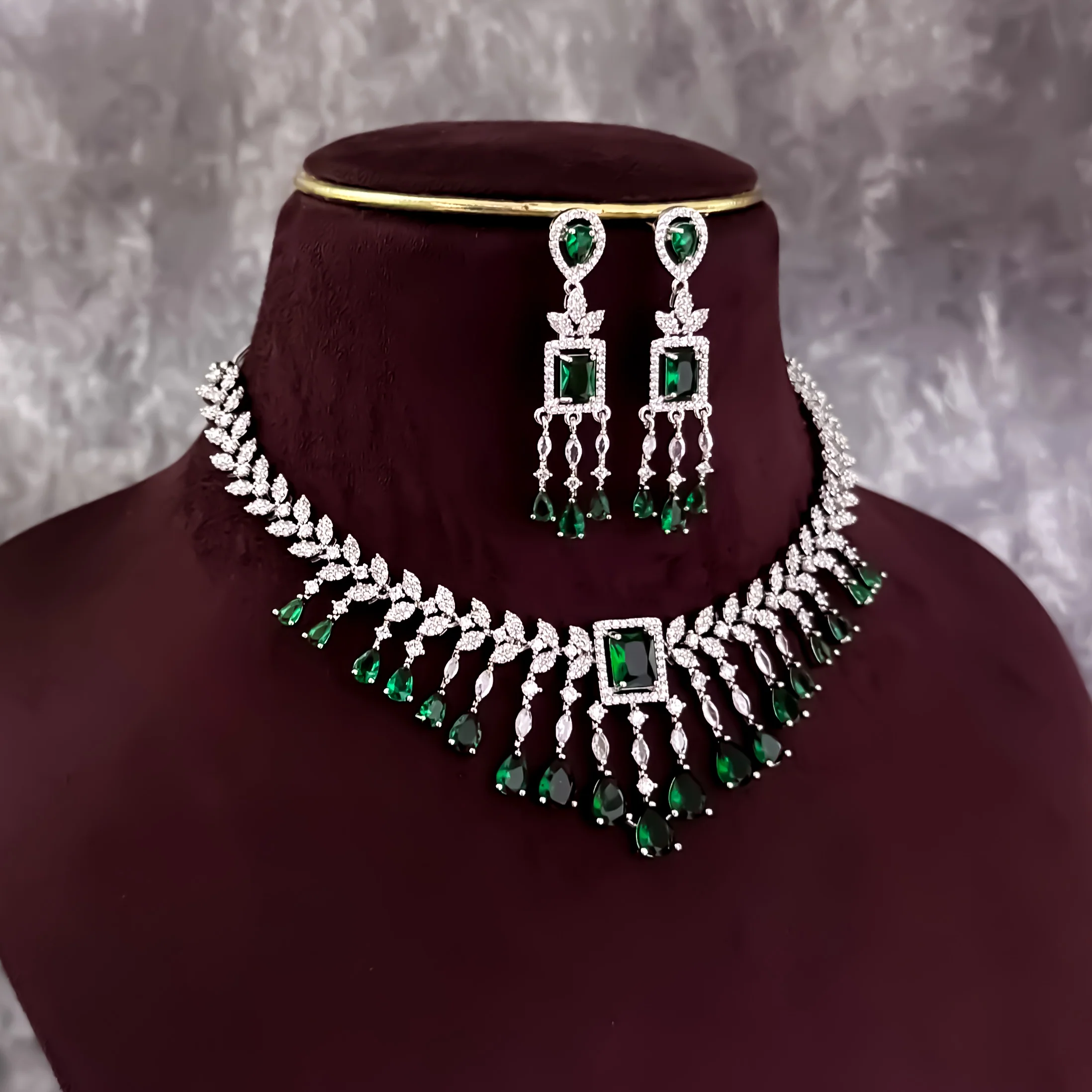 Nitara Silver AD Necklace Set - Green - Image 3