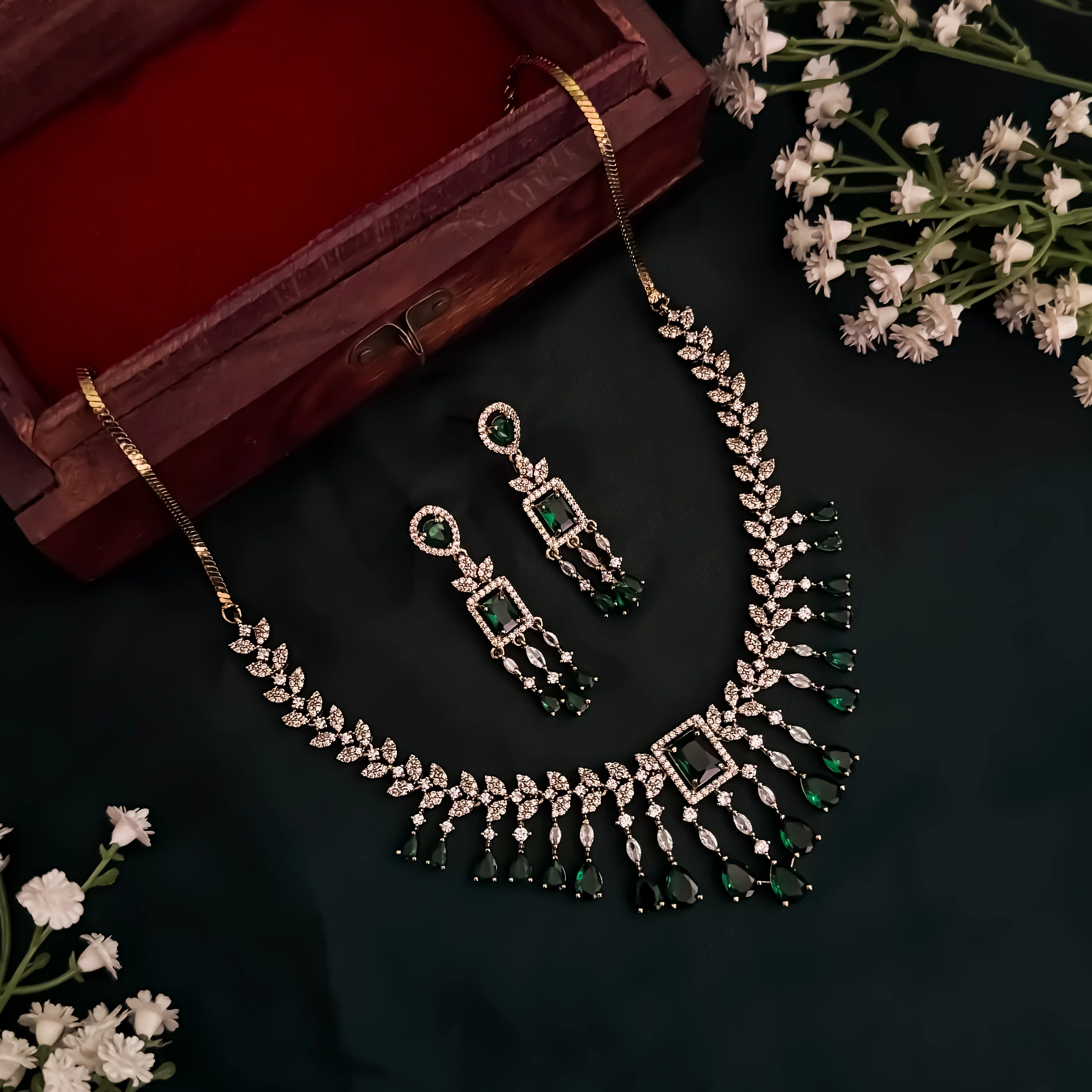 Nitara AD Necklace Set - Green - Image 3