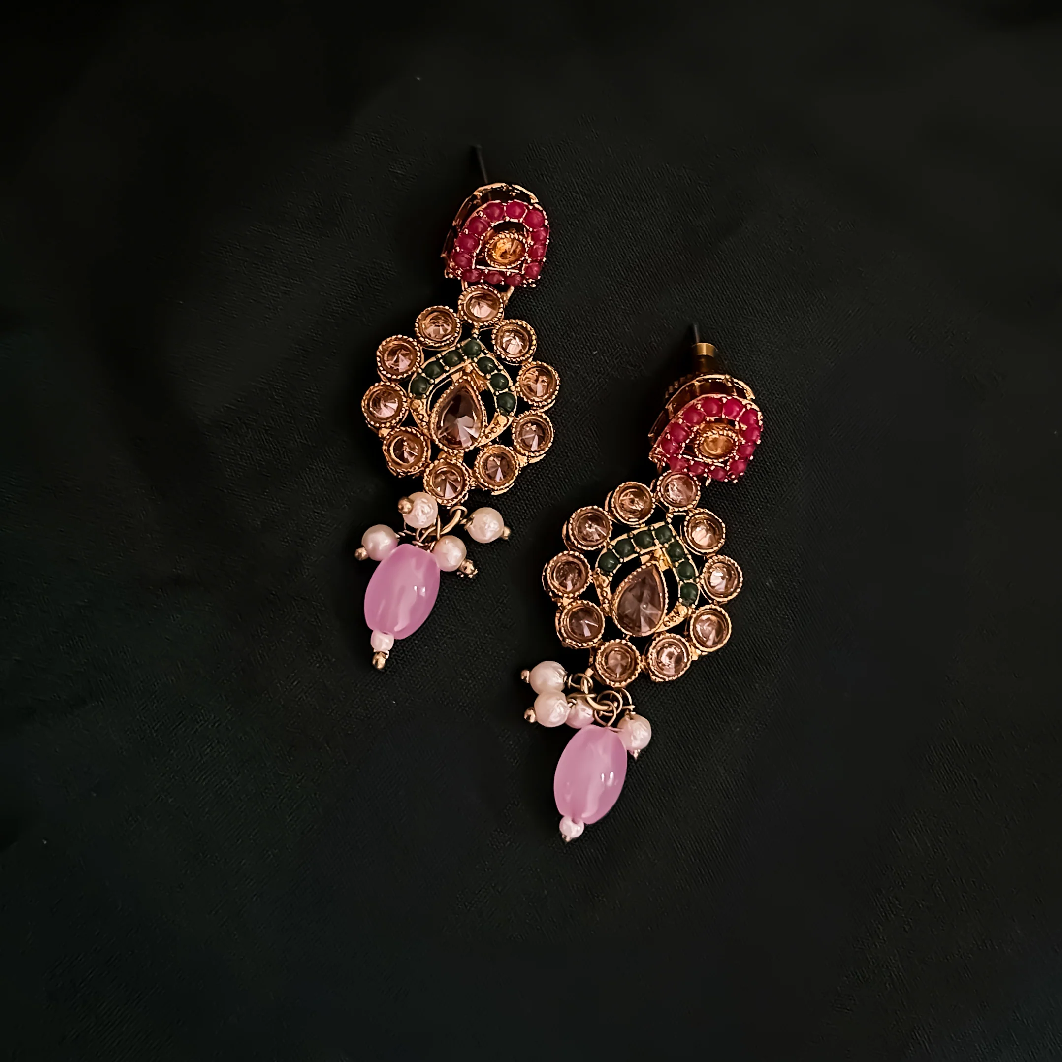 Mishka Jadau Reverse AD Sleek Multi Necklace Set with Earrings & Teeka - Image 6