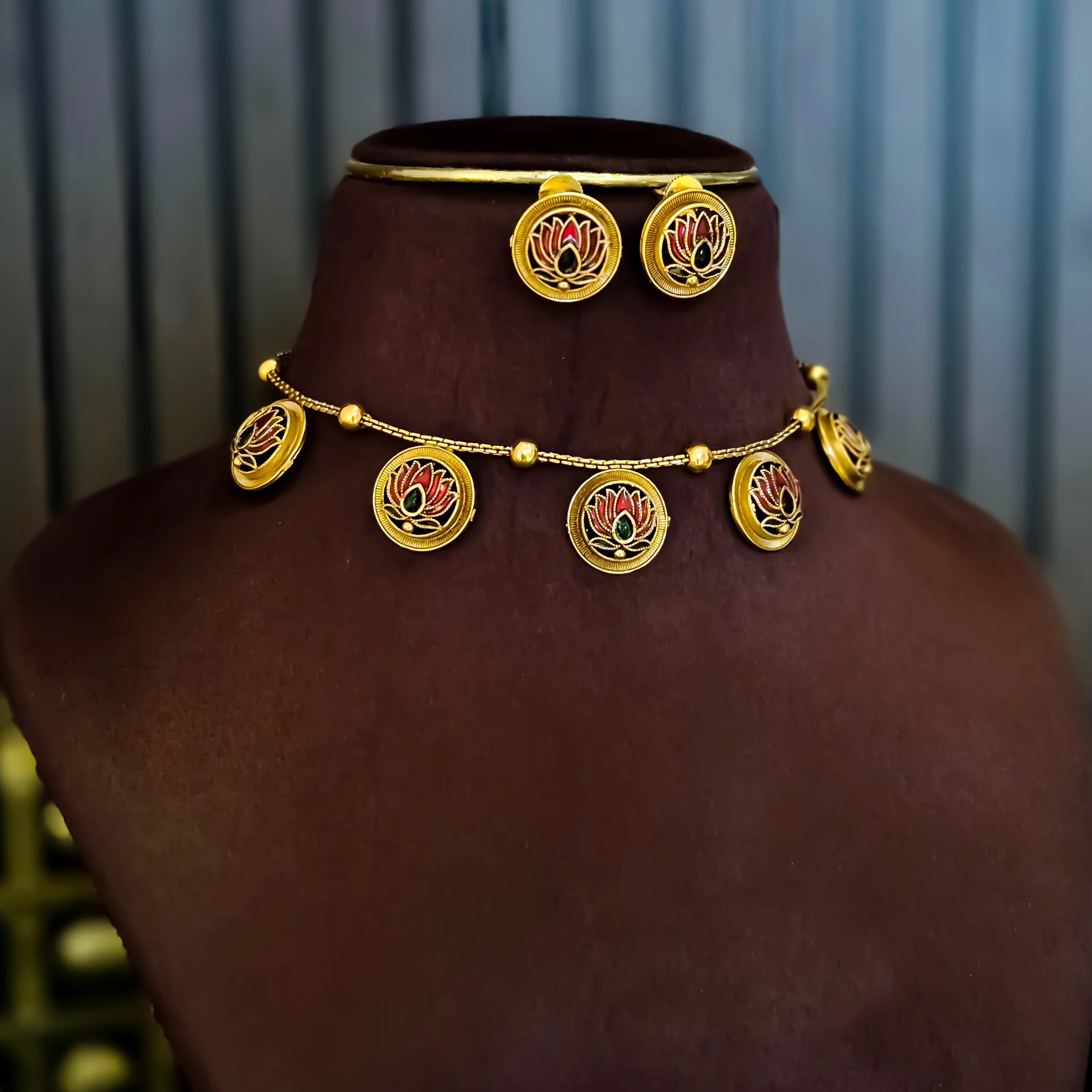 Padma Lotus Temple Motif Necklace Set - Maroon & Green - Image 2