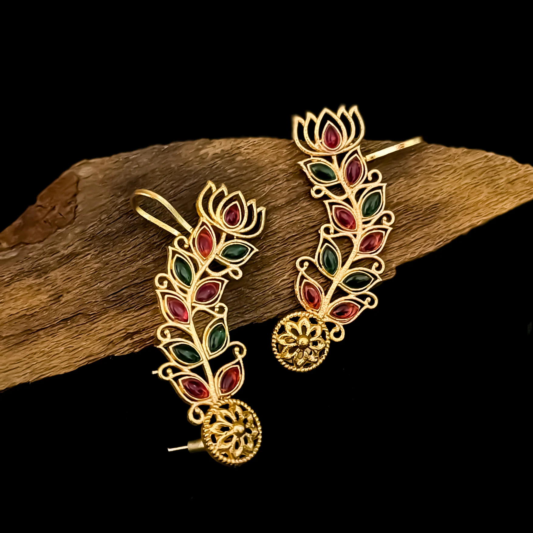 Aarohi Premium Kashmiri Brass Earcuff Earrings - Pink & Green - Image 2
