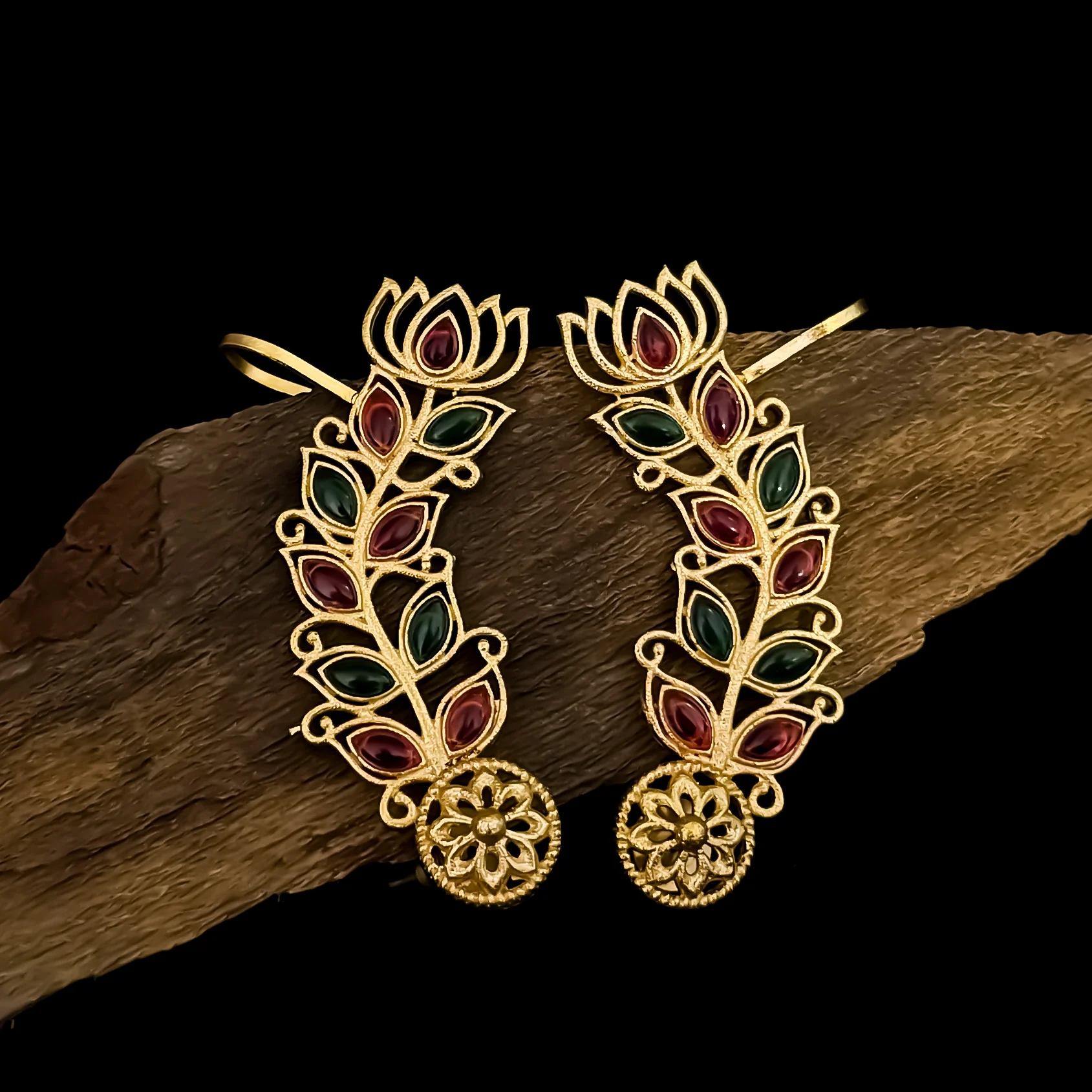 Aarohi Premium Kashmiri Brass Earcuff Earrings - Pink & Green - Image 3