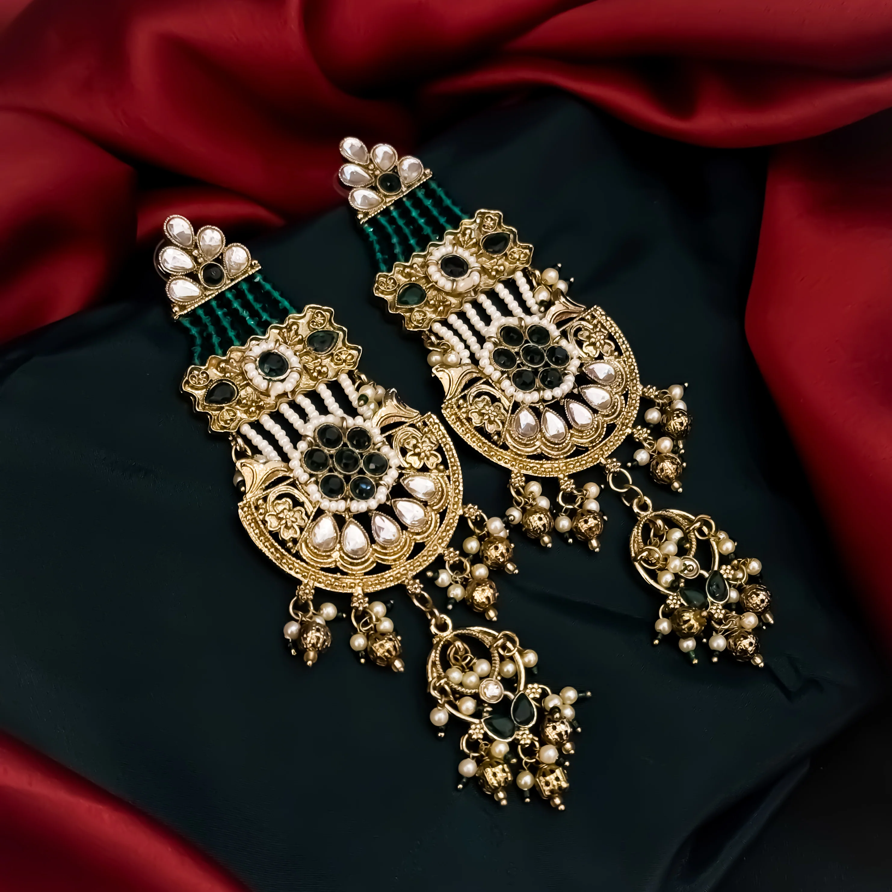 Raaj Rani Fusion Chandbali Earrings - Green - Image 5