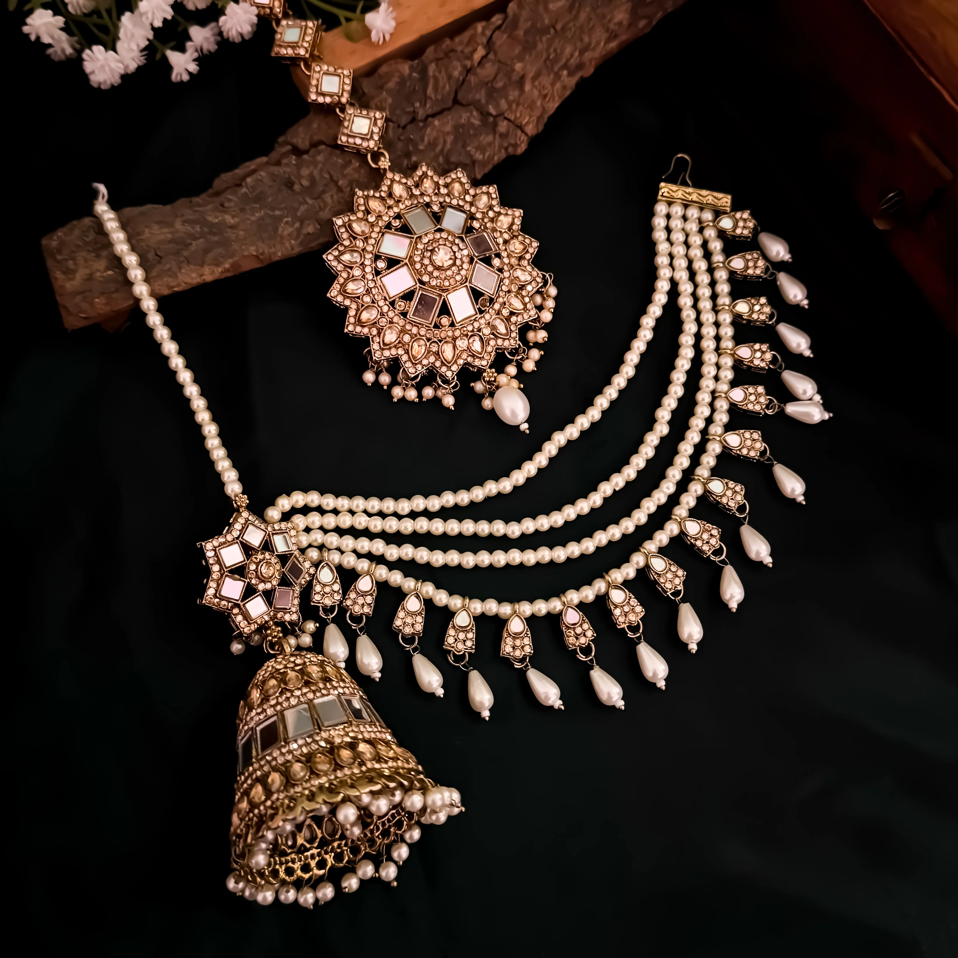 Rani Padmavat Jadau Jhumka Earrings with Sahara & Teeka - Golden - Image 5