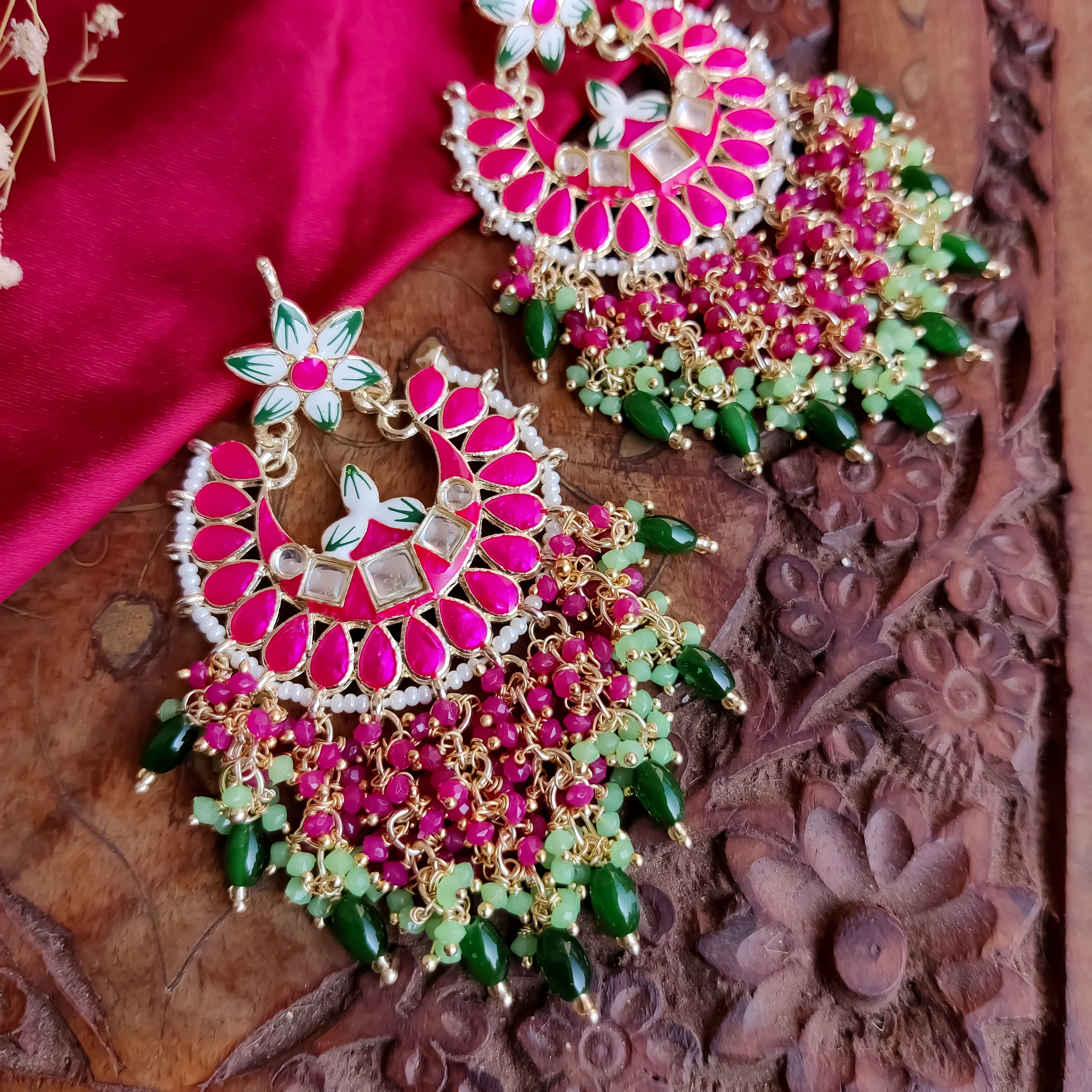 Reet Meenakari Crystal Chandbali Earrings - Hot Pink - Image 4