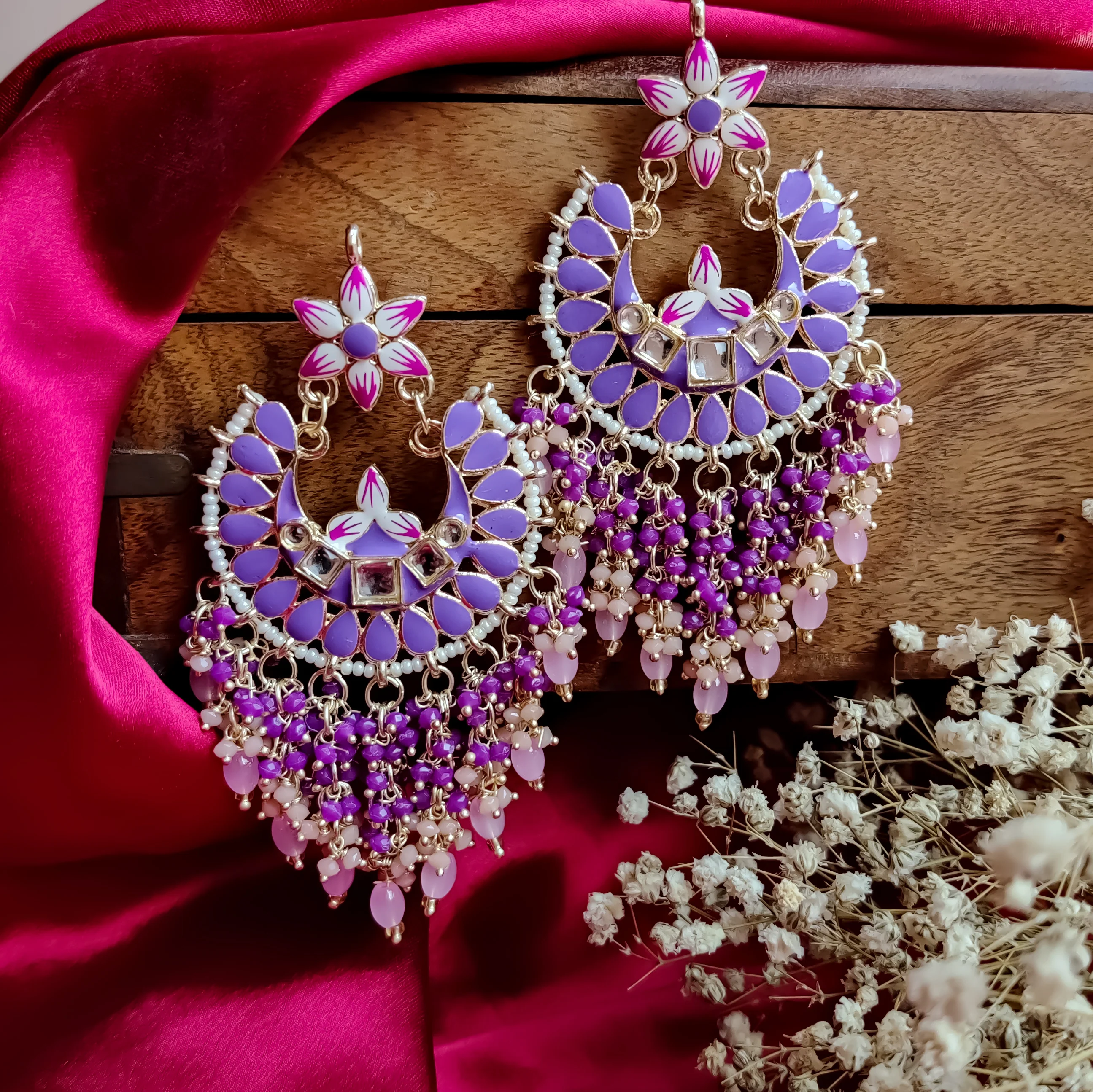 Reet Meenakari Crystal Chandbali Earrings - Purple - Image 3