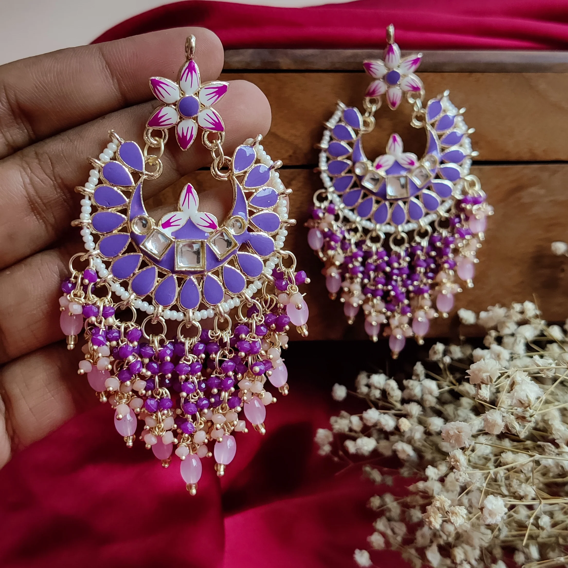 Reet Meenakari Crystal Chandbali Earrings - Purple - Image 4