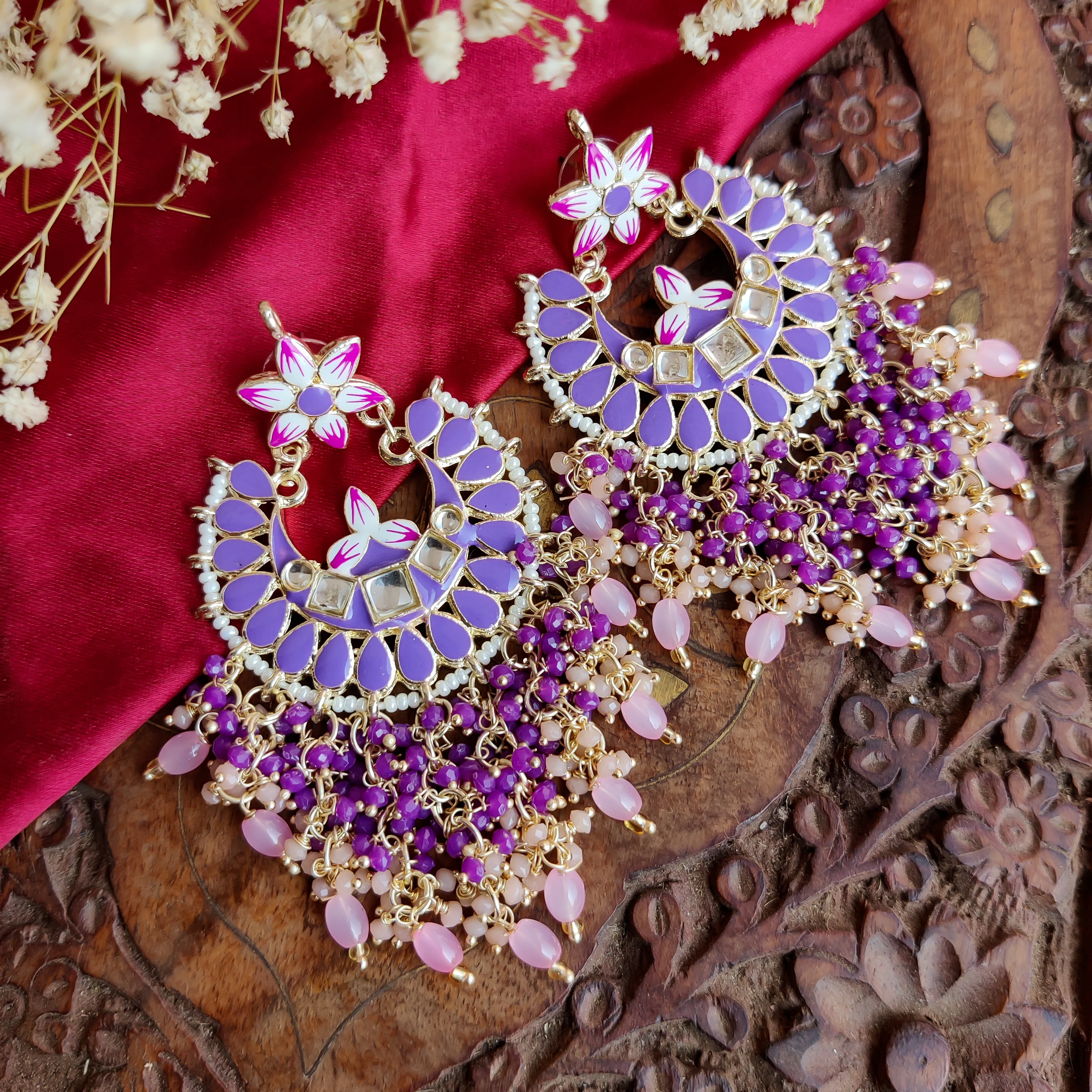 Reet Meenakari Crystal Chandbali Earrings - Purple - Image 6