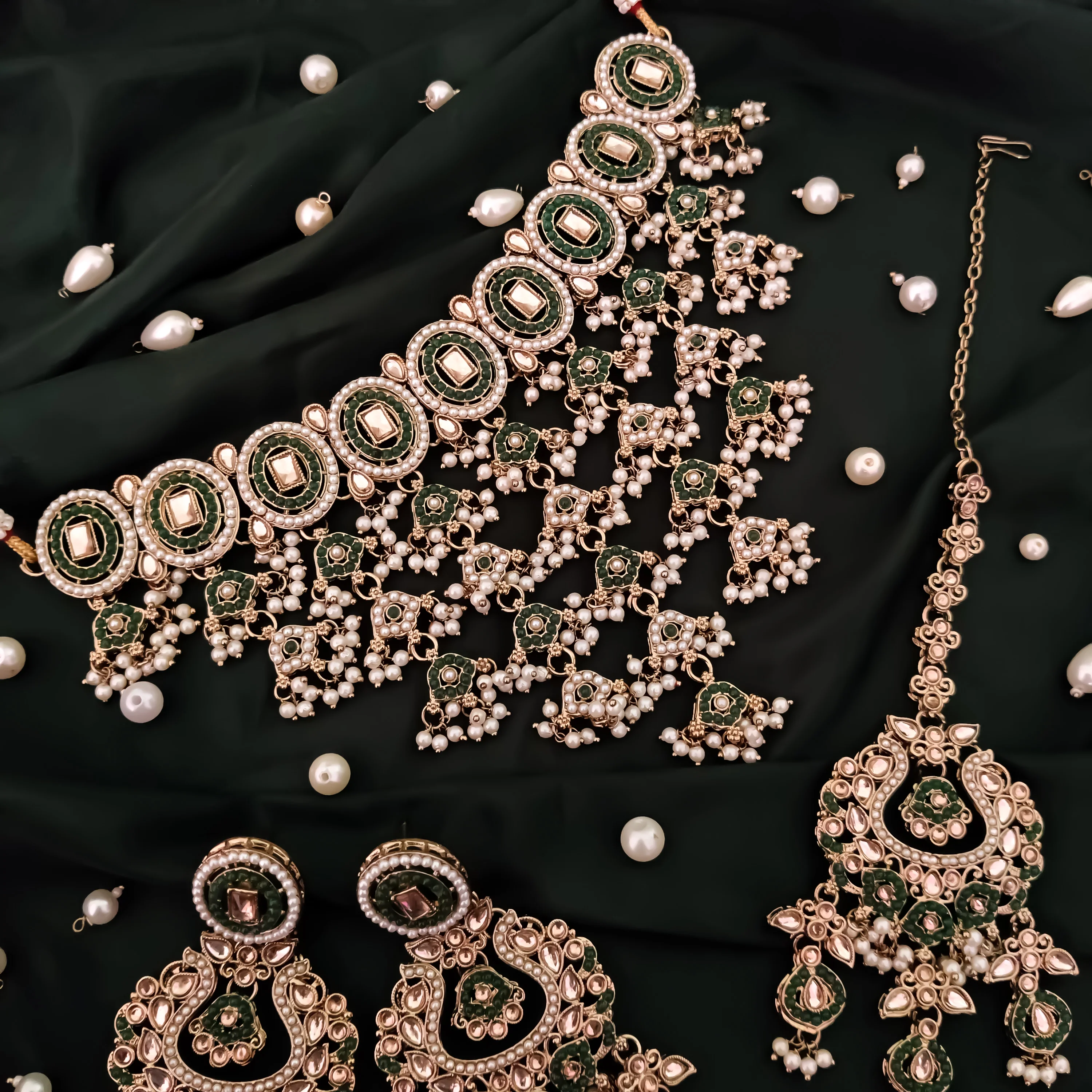 Rehan Jadau Reverse AD Necklace Set - Green - Image 2