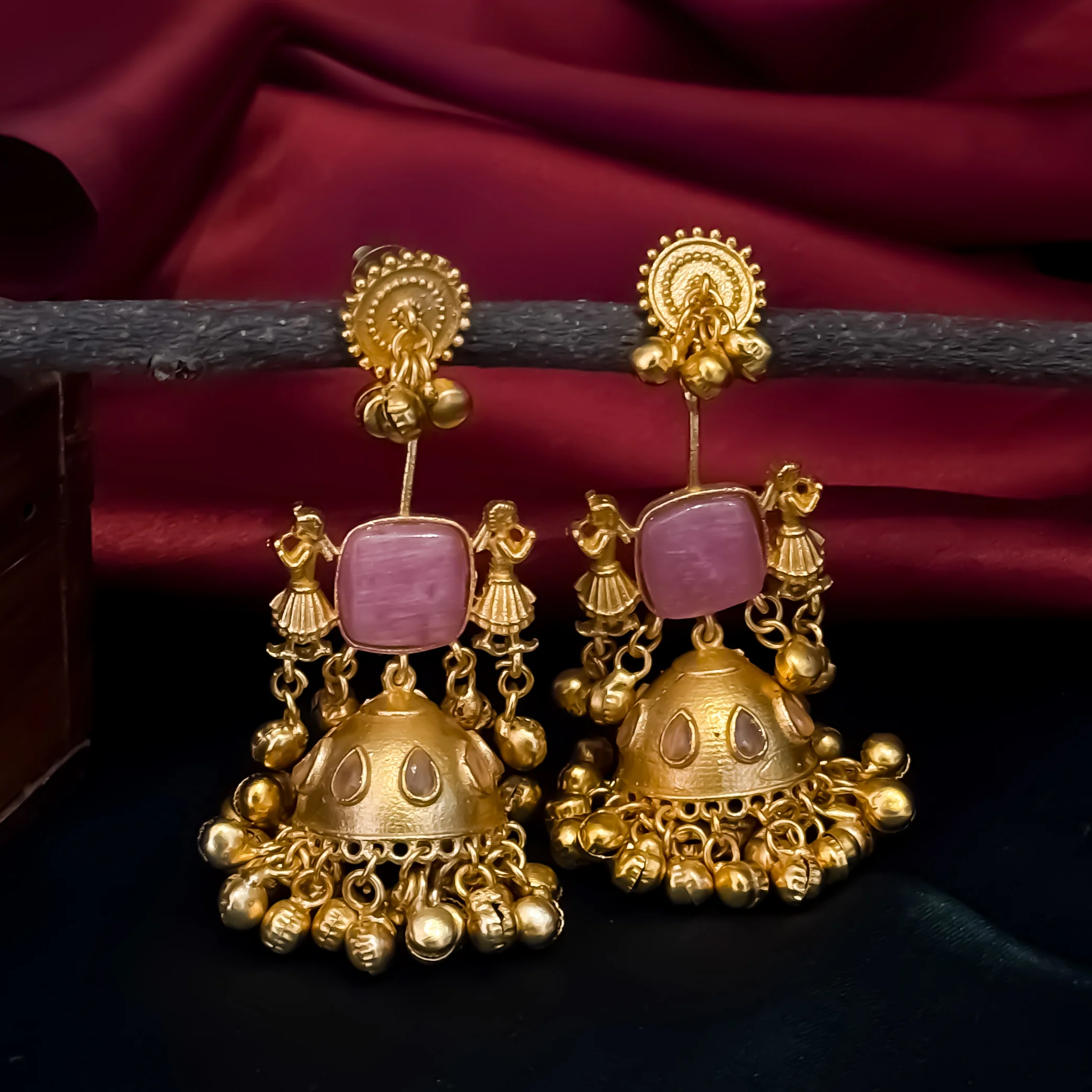 Baraat Premium Kashmiri Brass Dejhoor Earrings - Pastel Pink - Image 2
