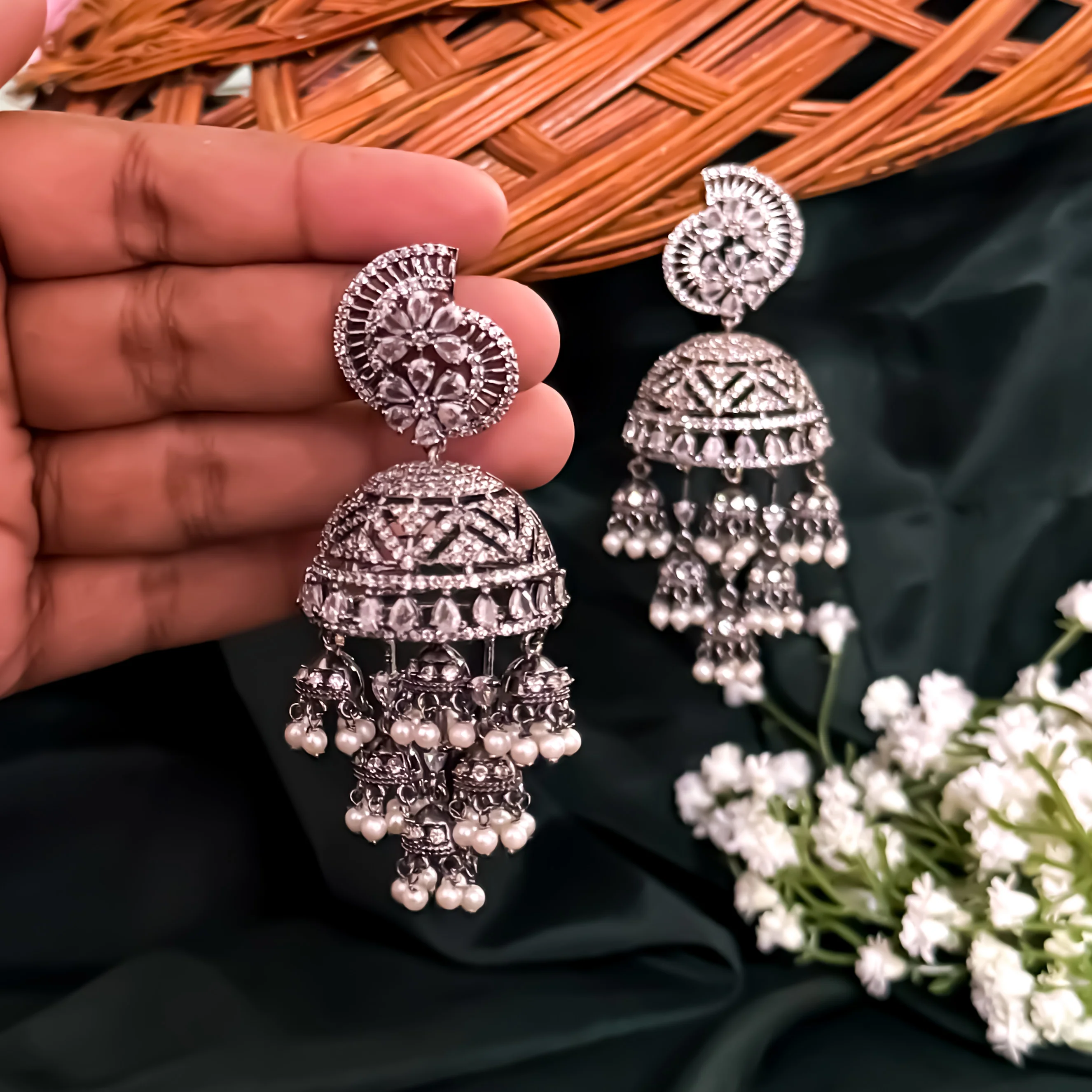 Riyana American Diamond Jhumka & Teeka Set - Black Polish - Image 3