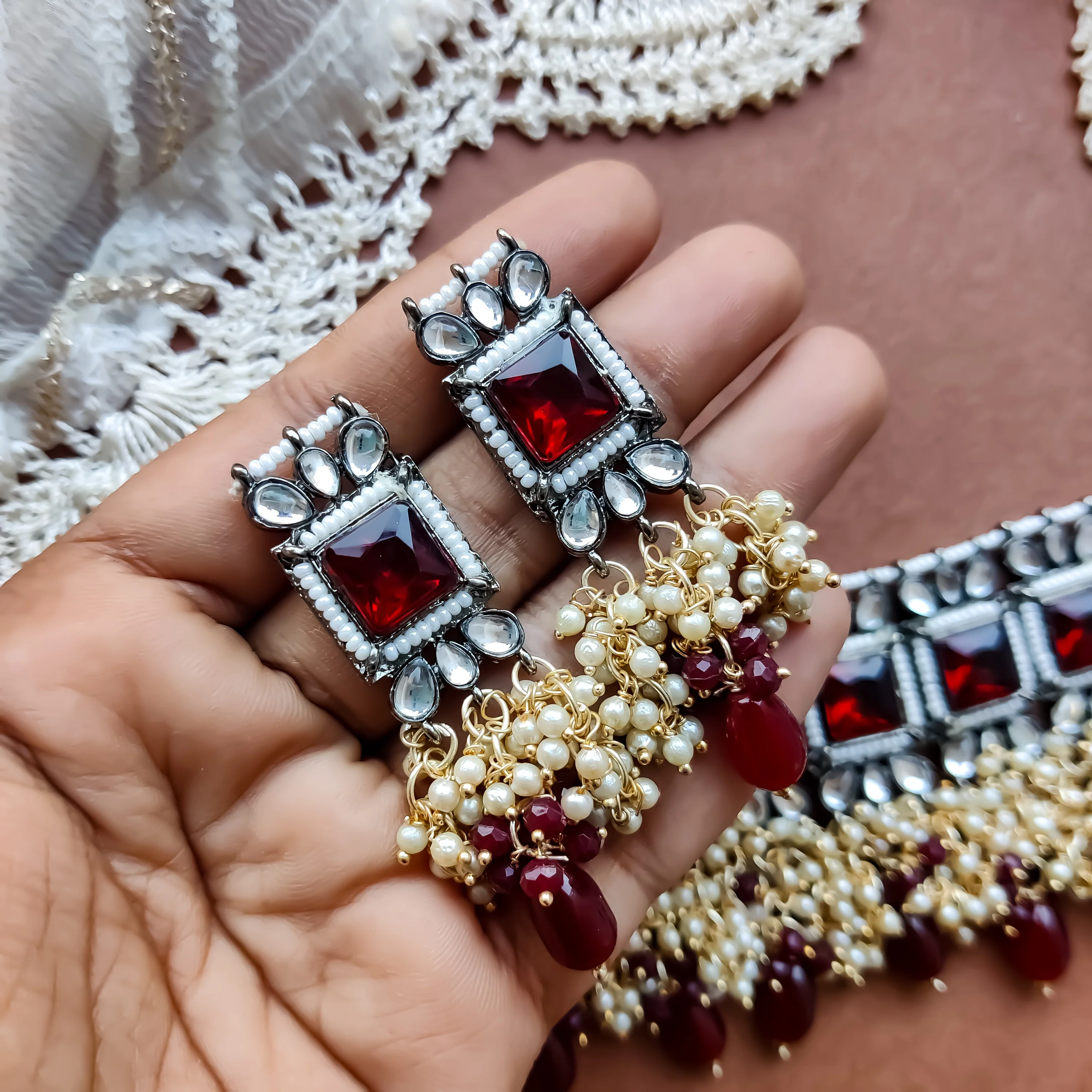 Ruksana Mogra Necklace Set with Earrings - Maroon - Image 5