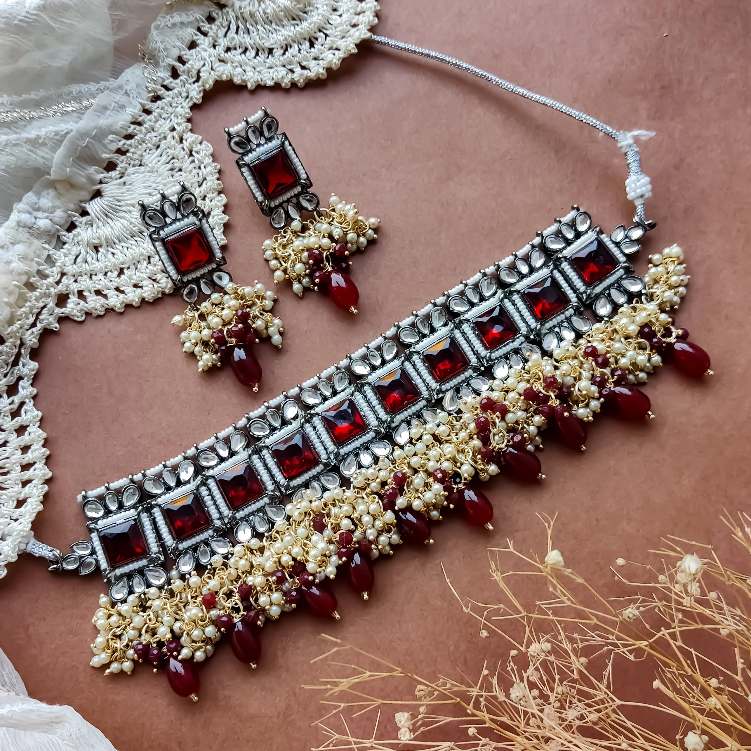 Ruksana Mogra Necklace Set with Earrings - Maroon - Image 6