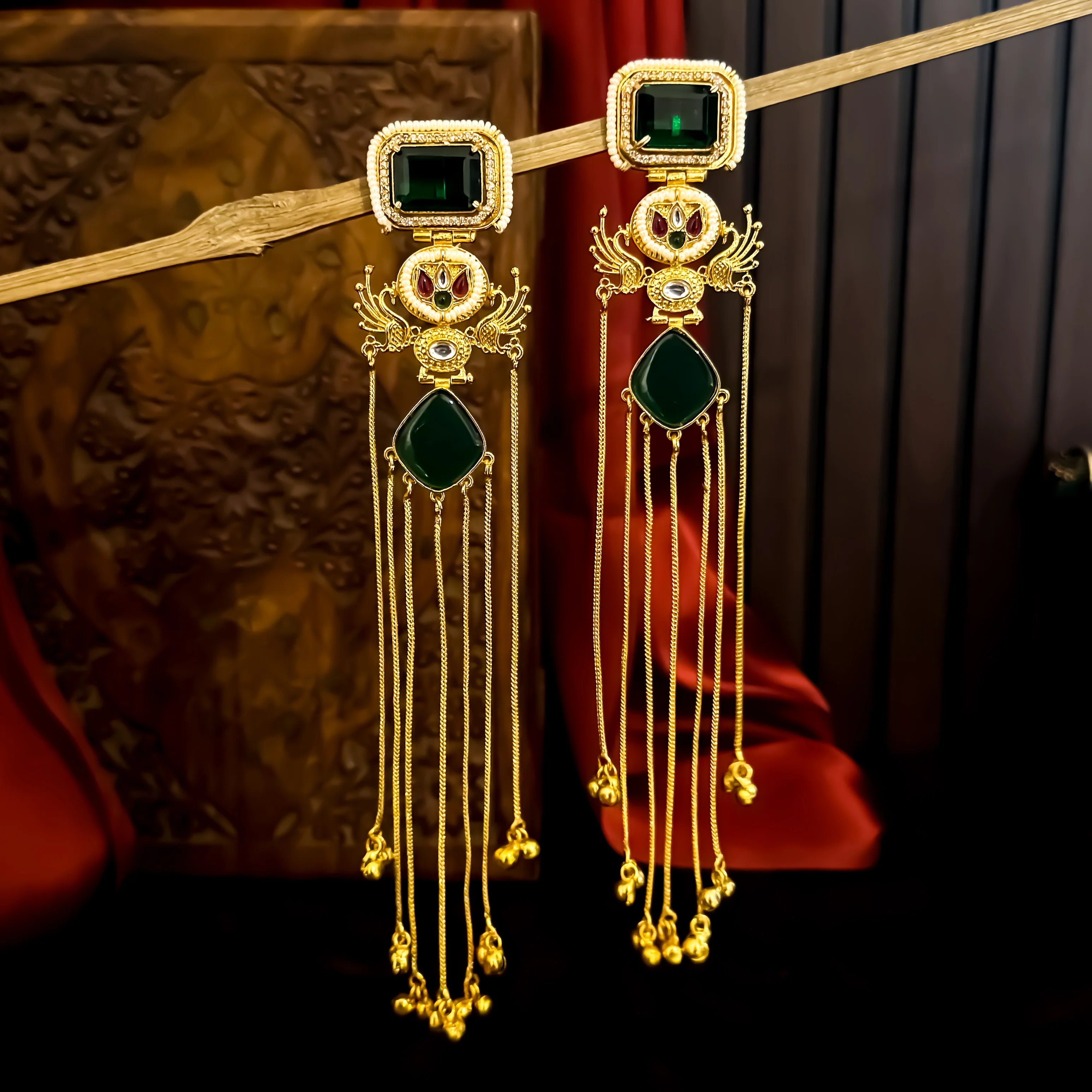Rushali Premium Kashmiri Brass Doublet Stone & Ad Work Earring - Green