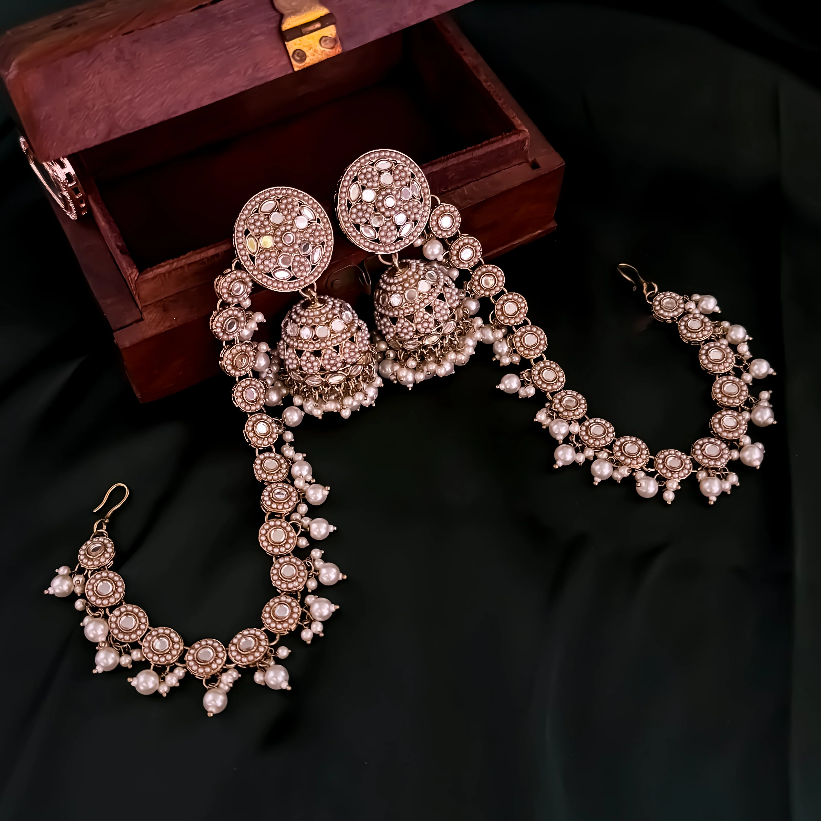 Rushda Jadau Mirror Jhumka Earrings with Sahara/Earchains - Golden - Image 5