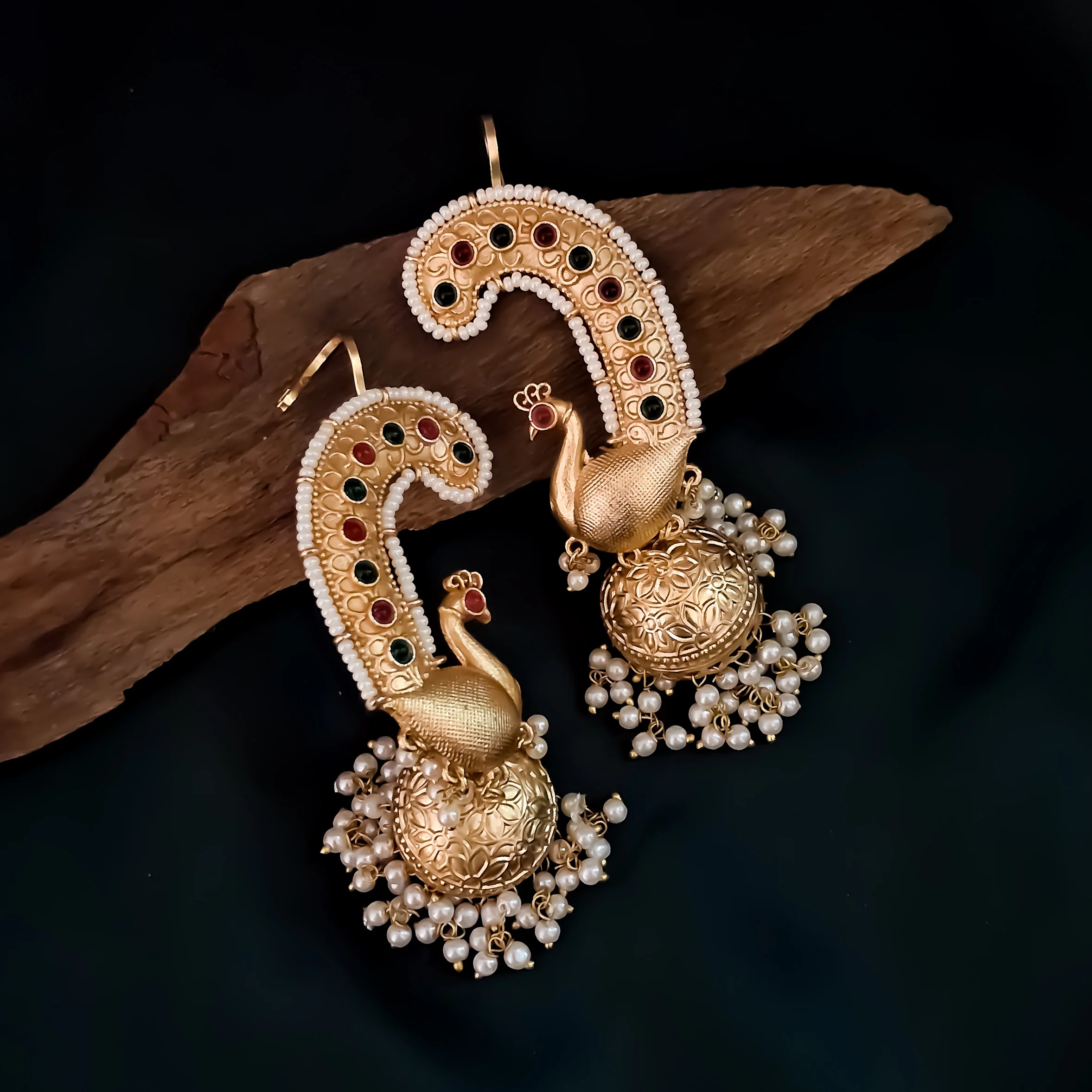 Morni Premium Kashmiri Brass Earcuff Earrings - Pink & Green - Image 2