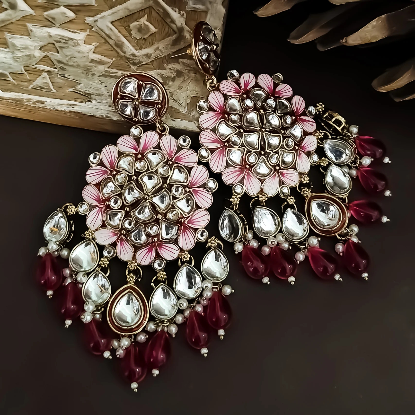 Saanjh Meenakari Chandbali Earrings - Hot Pink - Image 5