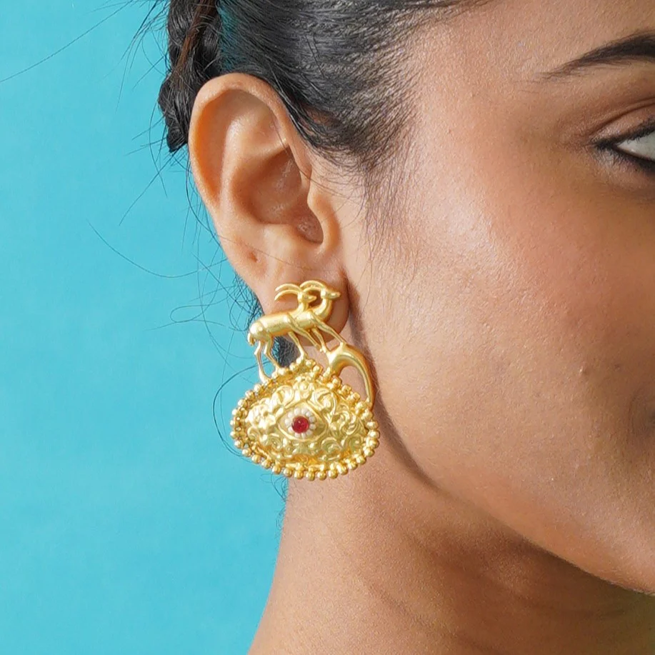 Saanvi Handcrafted Brass Earrings - Red - Image 6