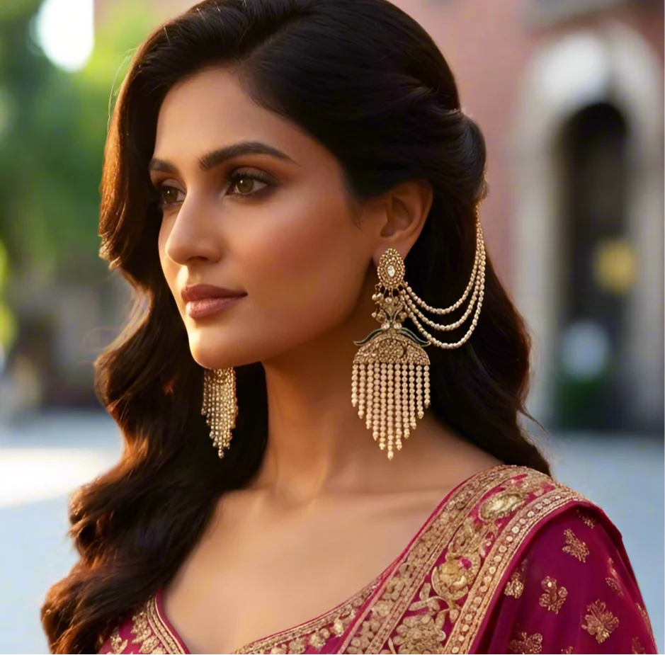 Saira Pearl Peacock Chandbali Earrings with Sahara/Earchains - Image 5