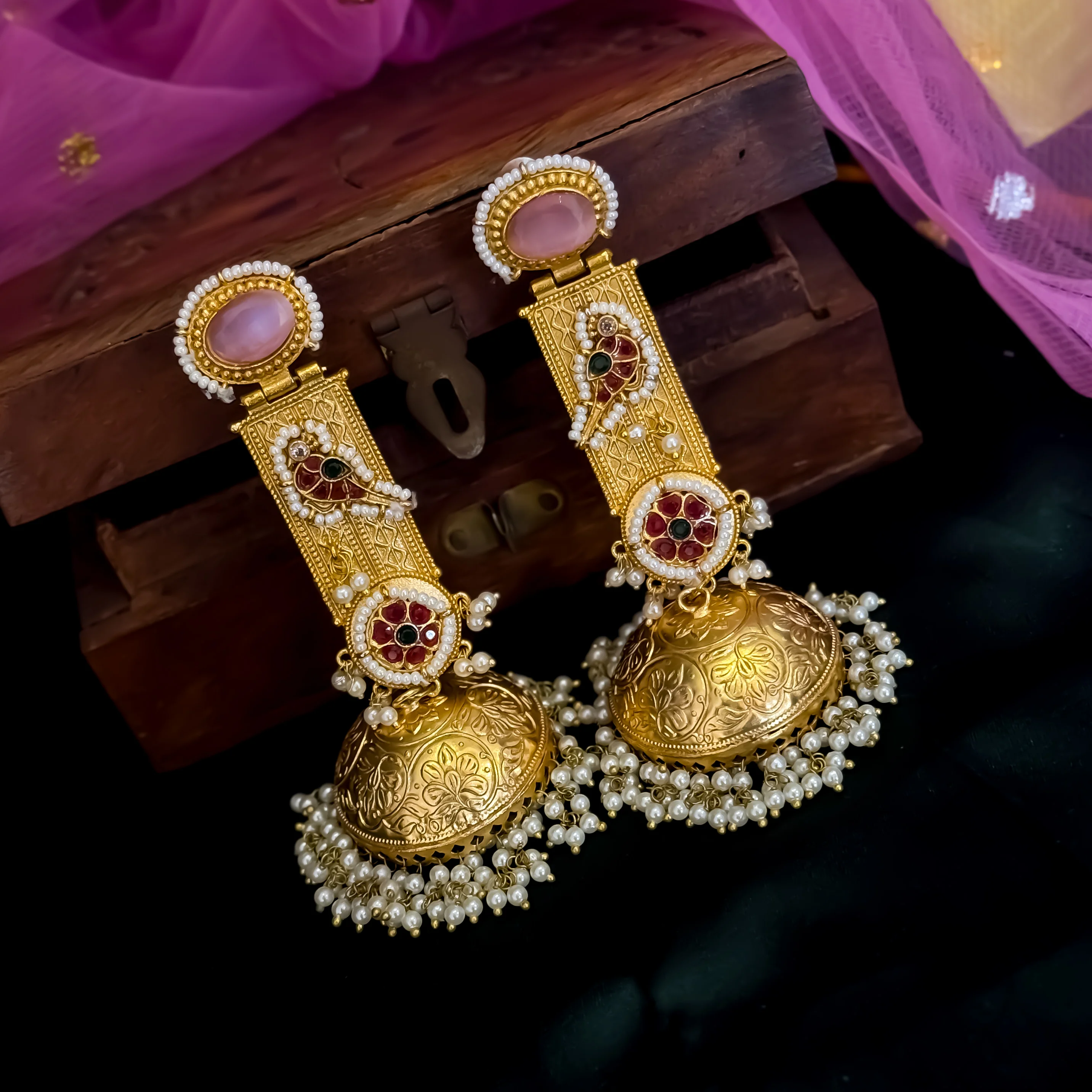 Samaira Kashmiri Brass Jhumka Earrings - Pastel Pink - Image 2