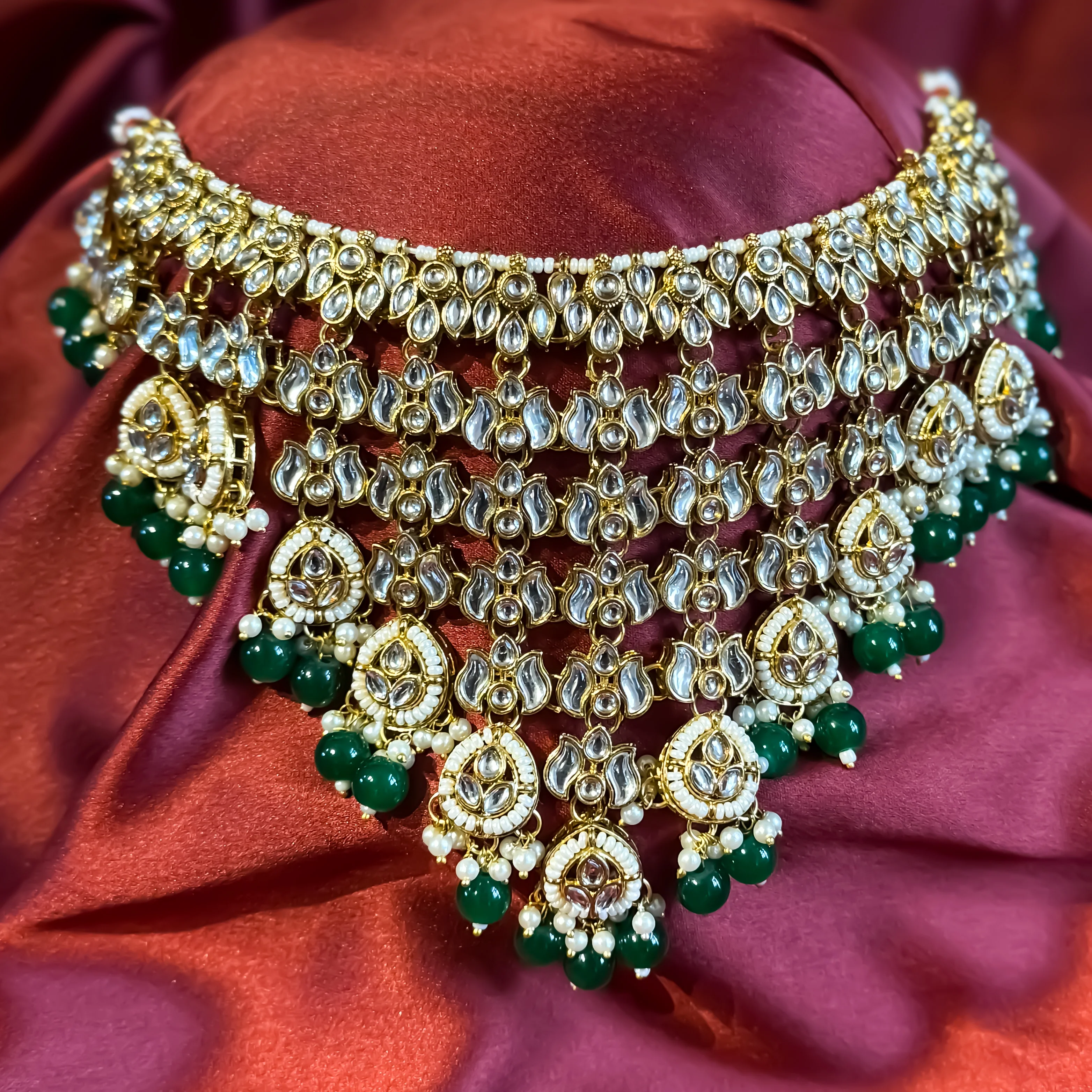 Sameera Premium Kundan Necklace Set - Green - Image 2