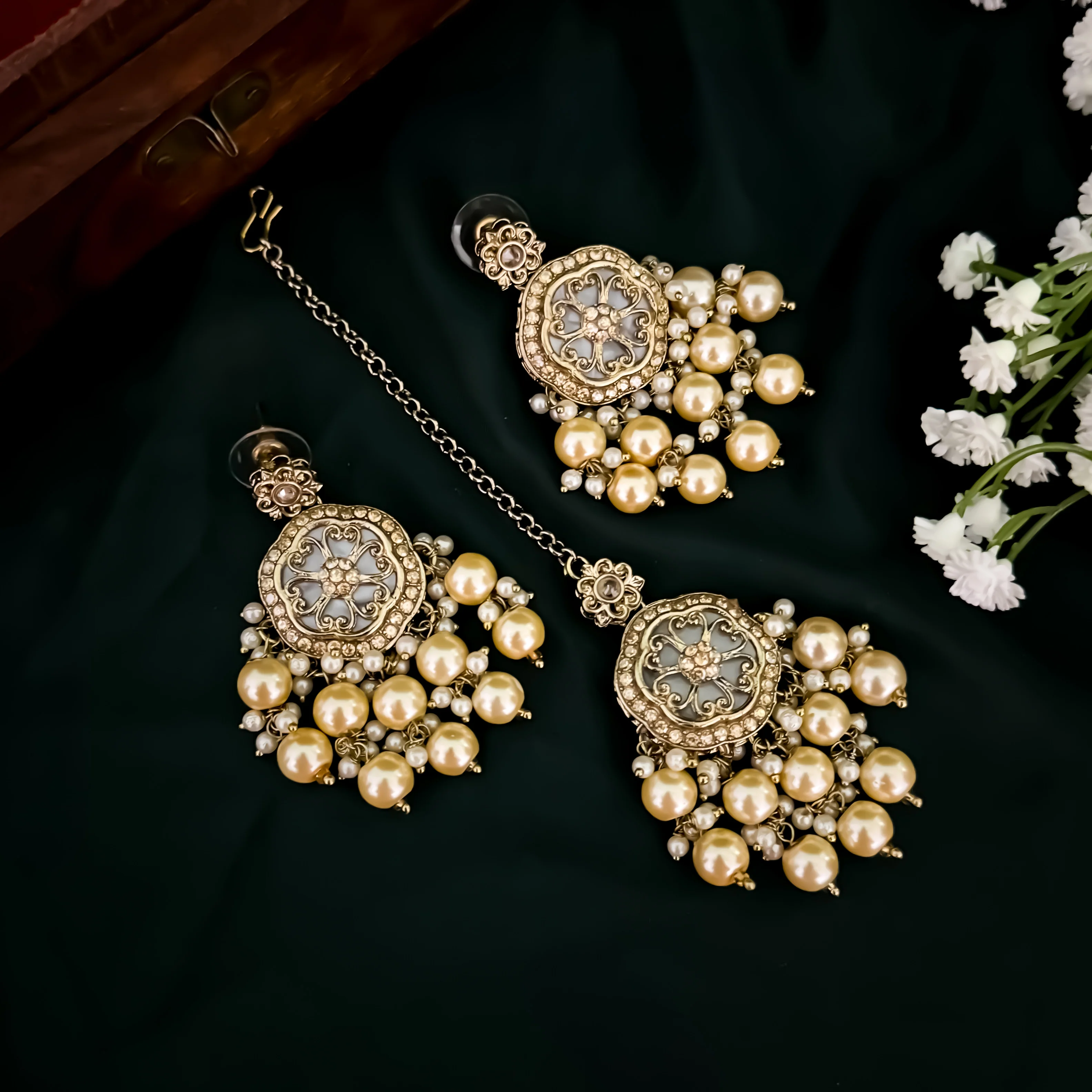 Sariska Pearl Loaded MOP Necklace Set - Golden - Image 2