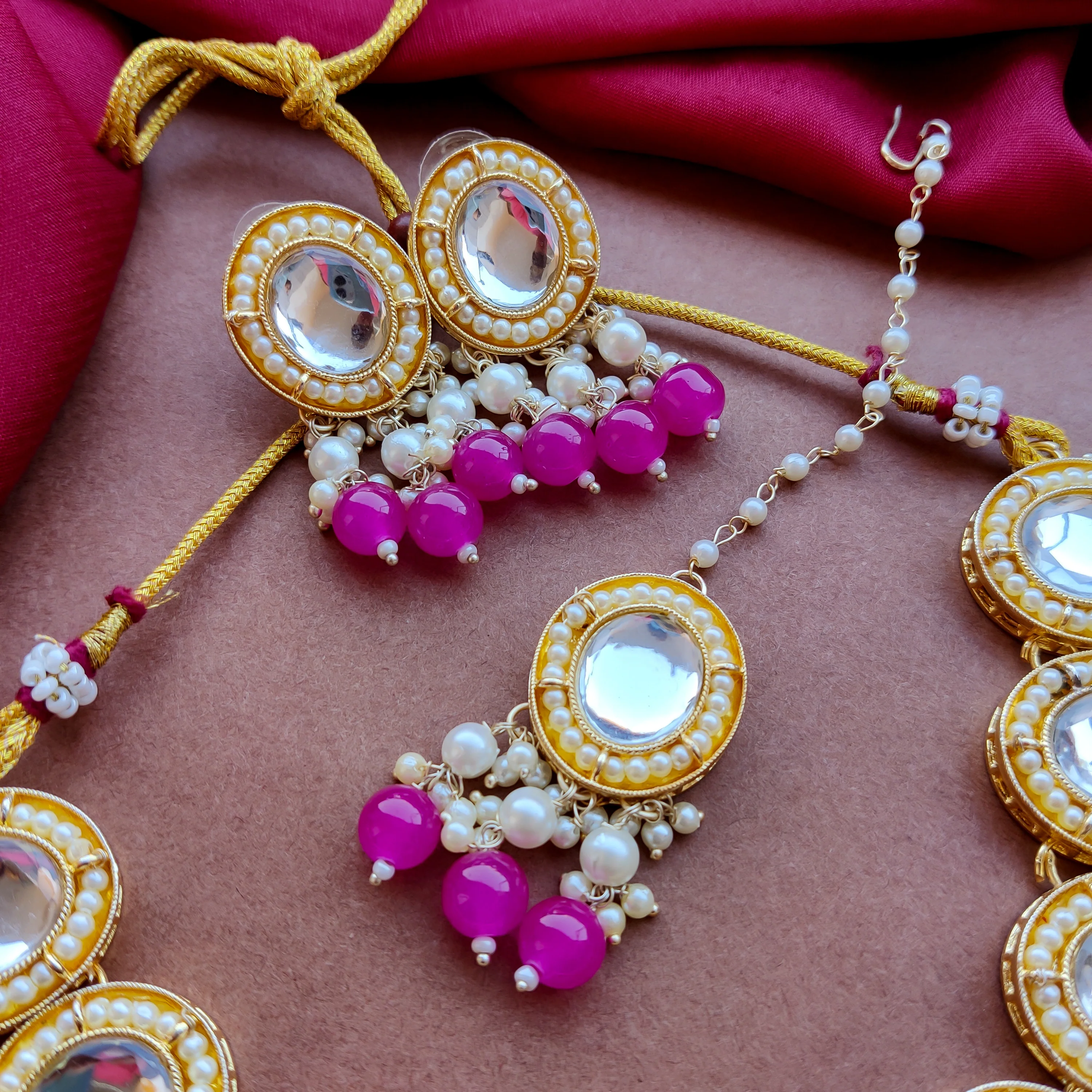 Saugaat Kundan Pearl Necklace Set with Earrings & Tika - Pink - Image 3