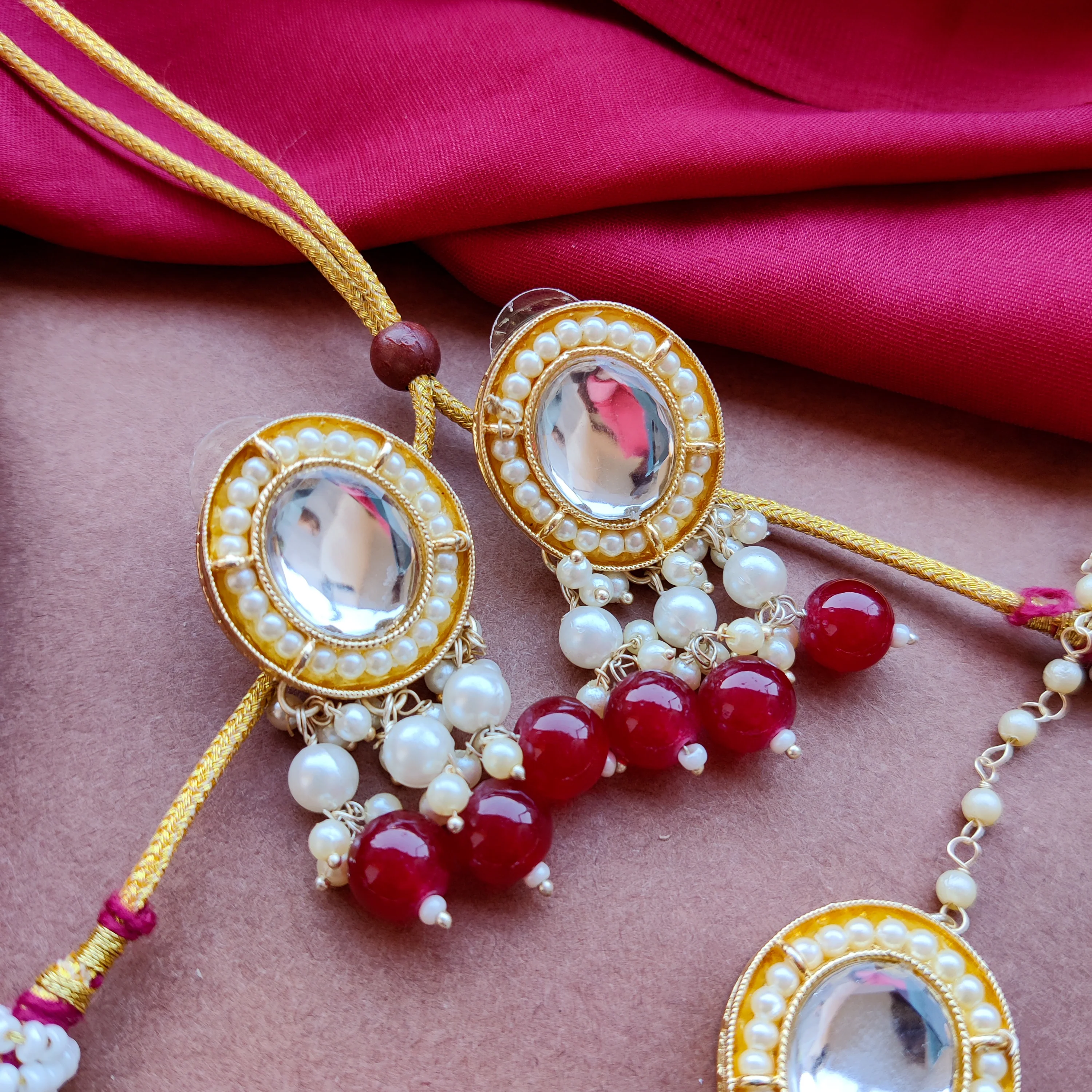 Saugaat Kundan Pearl Necklace Set with Earrings & Tika - Maroon - Image 3