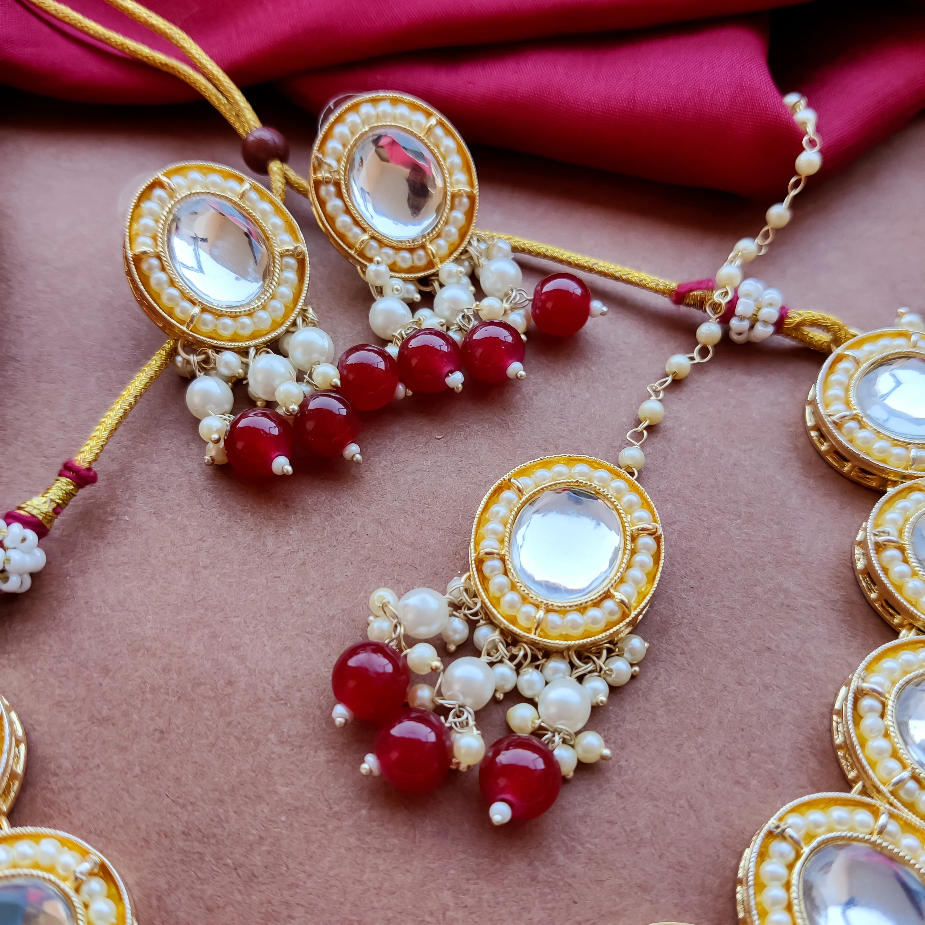 Saugaat Kundan Pearl Necklace Set with Earrings & Tika - Maroon - Image 4